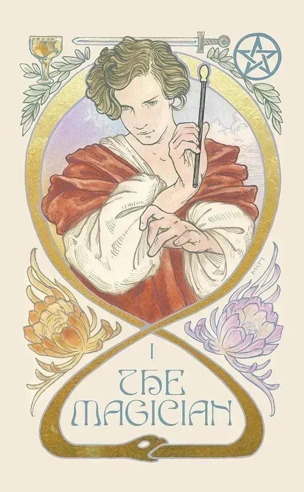 Ethereal Visions Tarot by Matt Hughes. 80 gold foil art nouveau tarot cards, 2 bonus Major Arcana & 140-page guidebook. Collector's tarot deck.