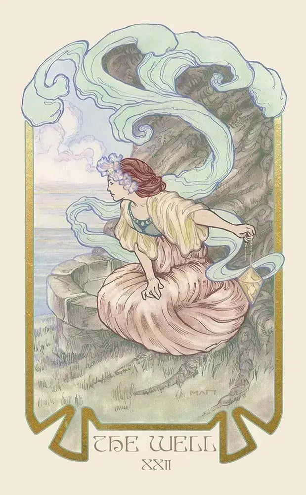 Ethereal Visions Tarot by Matt Hughes. 80 gold foil art nouveau tarot cards, 2 bonus Major Arcana & 140-page guidebook. Collector's tarot deck.