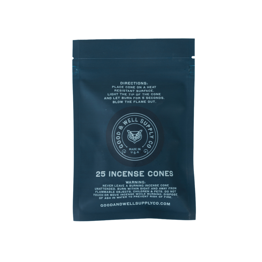 Navy blue package of Good & Well Supply Co. incense cones on a white background
