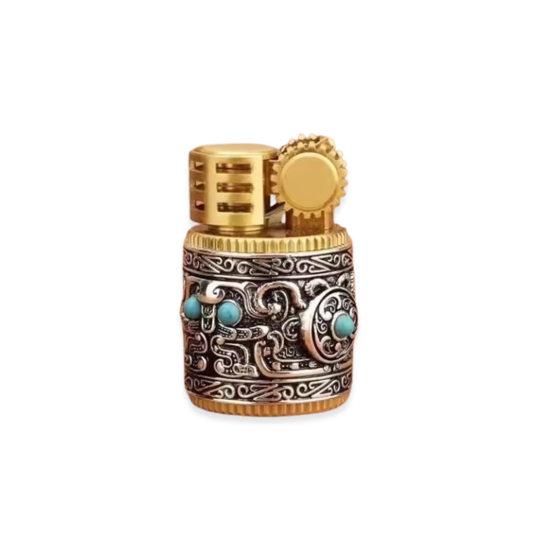 Decorative lighter with gold and bronze design on a white background