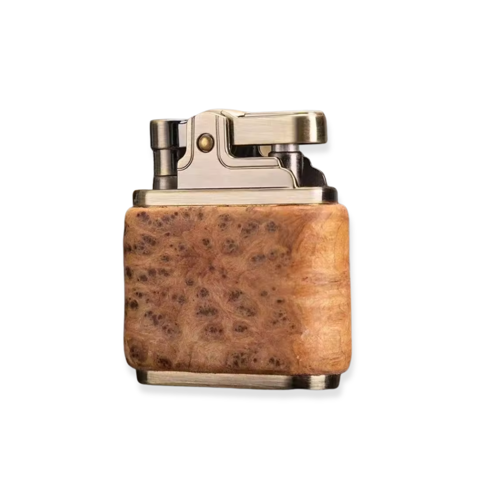 A vintage-inspired kerosene lighter that's equal parts form and function. The brass grinding wheel mechanism and solid metal construction give it a satisfying, old-school feel that disposable lighters just can't compete with. The striking wood grain pattern and brass grinding wheel mechanism make it as much a display piece as it is an everyday carry. A standout addition to any lighter or gadget collection.