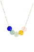 Close-up of five glass spheres in cobalt, green, sea green, amber and pink on a gold chain