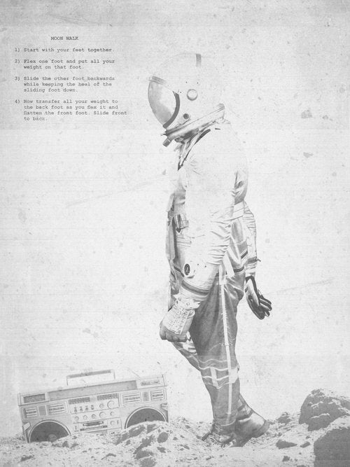 Black and white stylized photo of an astronaut and boombox with faded type instructions for Moonwalking 