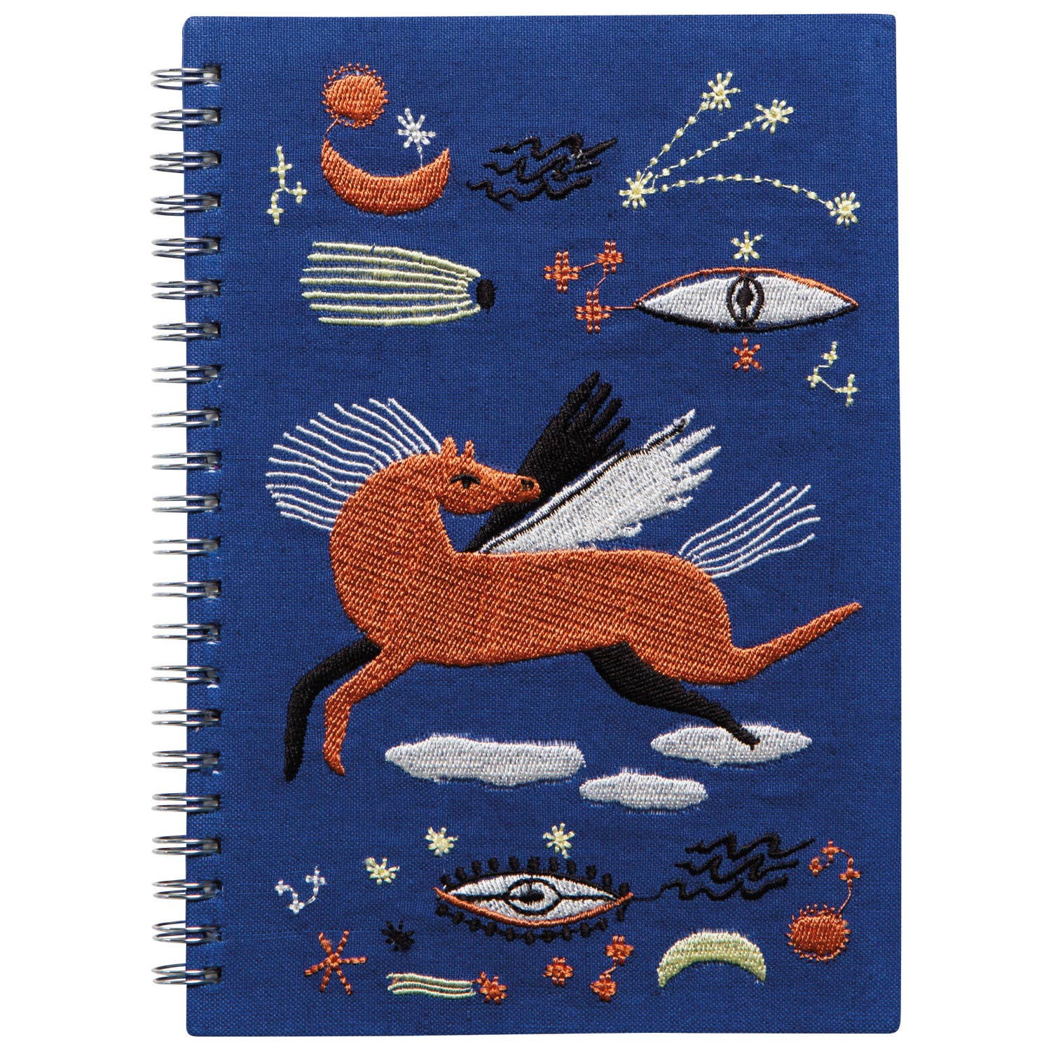 The embroidered cover of this Astral ring bound notebook is sure to prompt inspired ideas to fill the pages within. This design elevates the surreal and transports the imagination with a Pegasus promising a mystical journey.