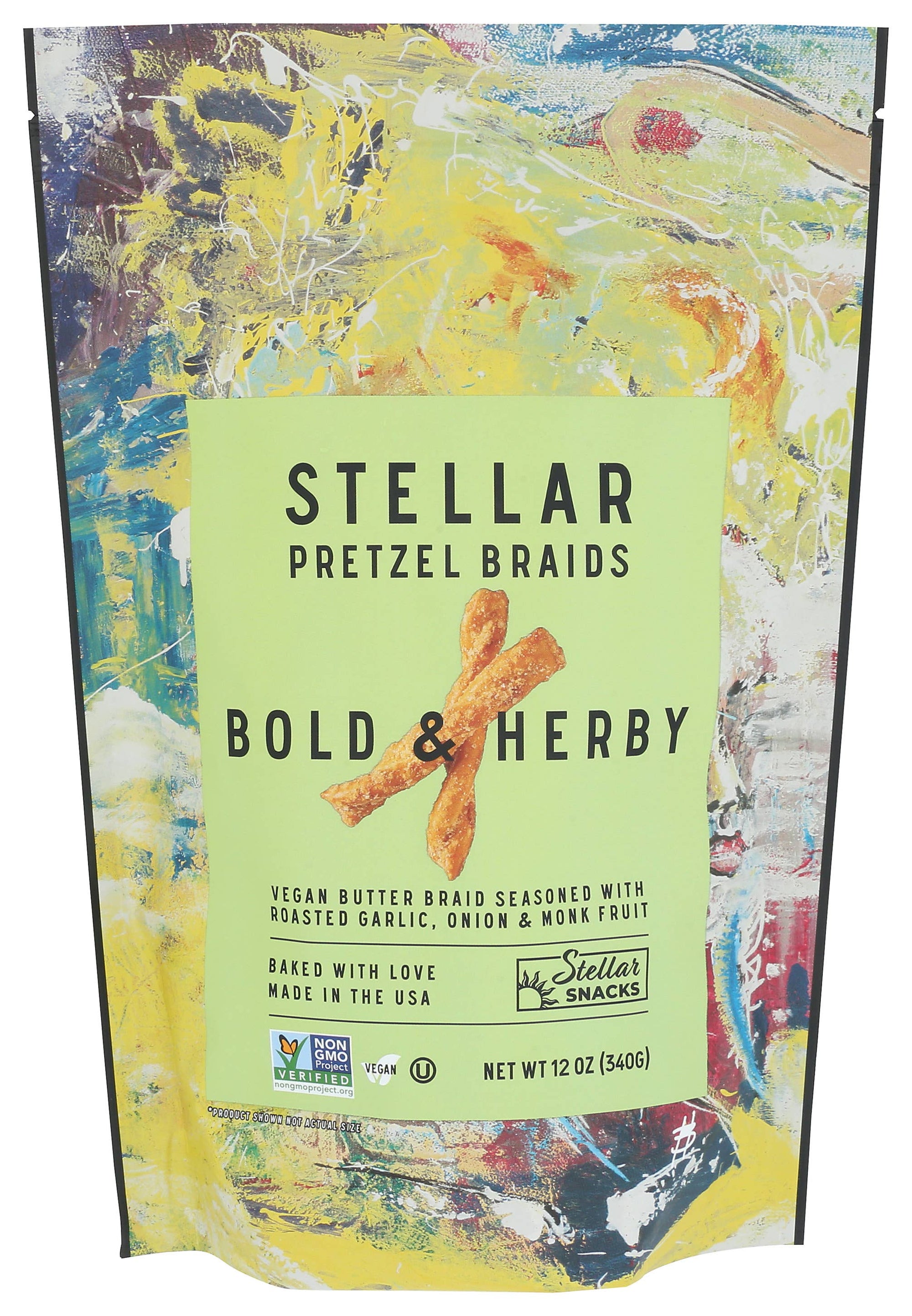 Packaging of Stellar Pretzel Braids Bold &amp; Herby on a colorful abstract background