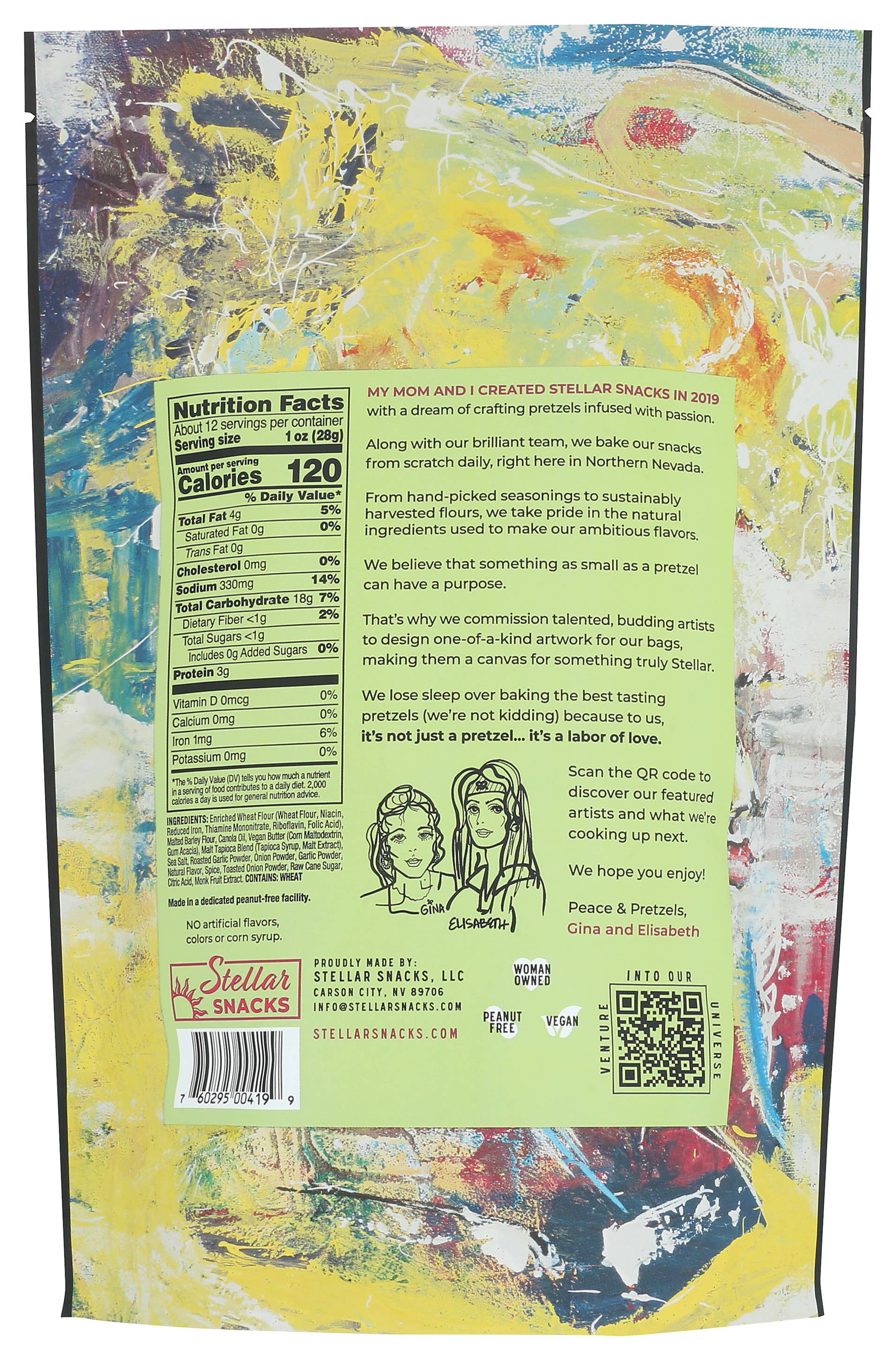 Back of a snack package with colorful abstract design and text
