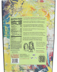 Back of a snack package with colorful abstract design and text