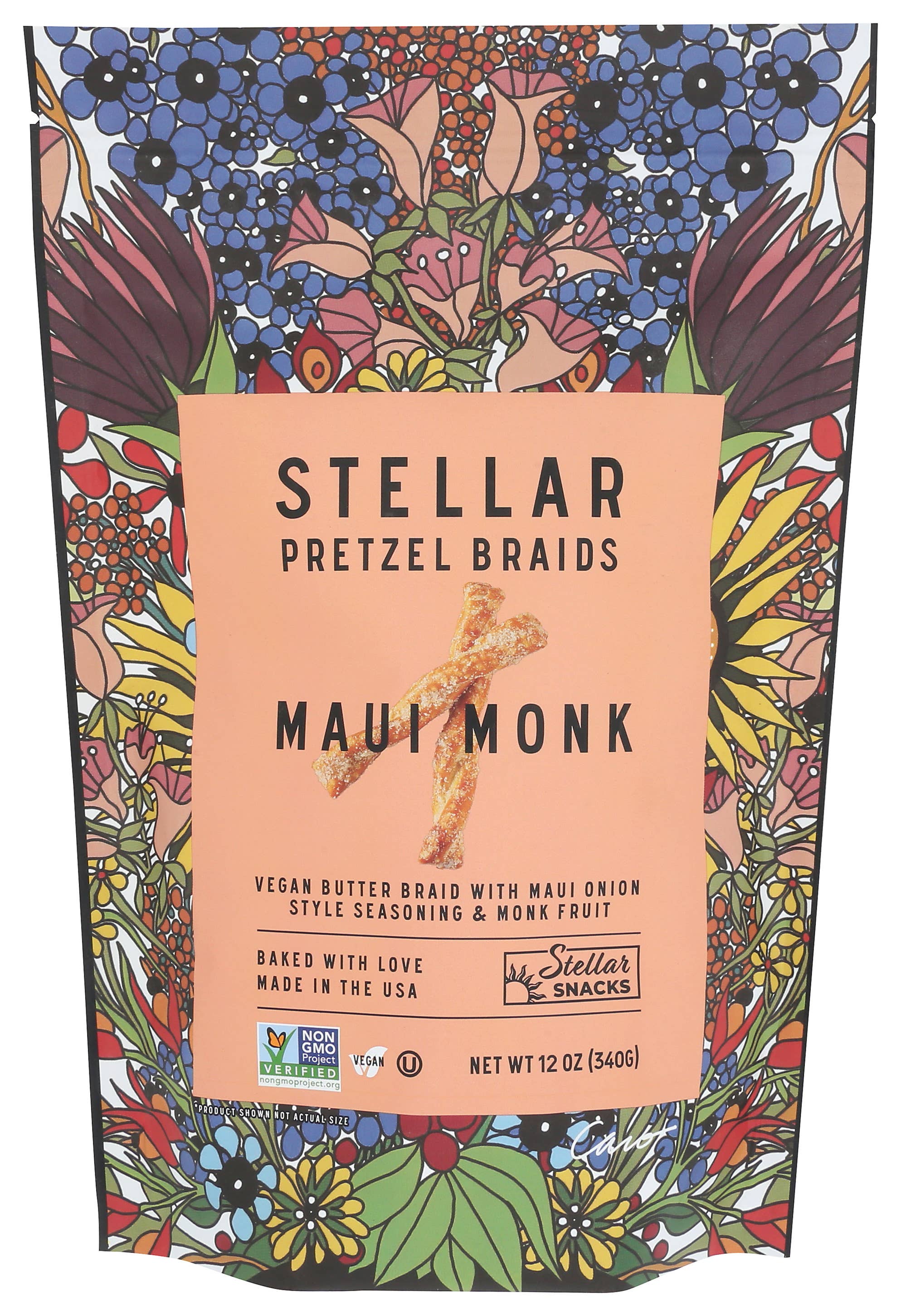 Stellar Pretzel Braids Maui Monk packaging with colorful floral design
