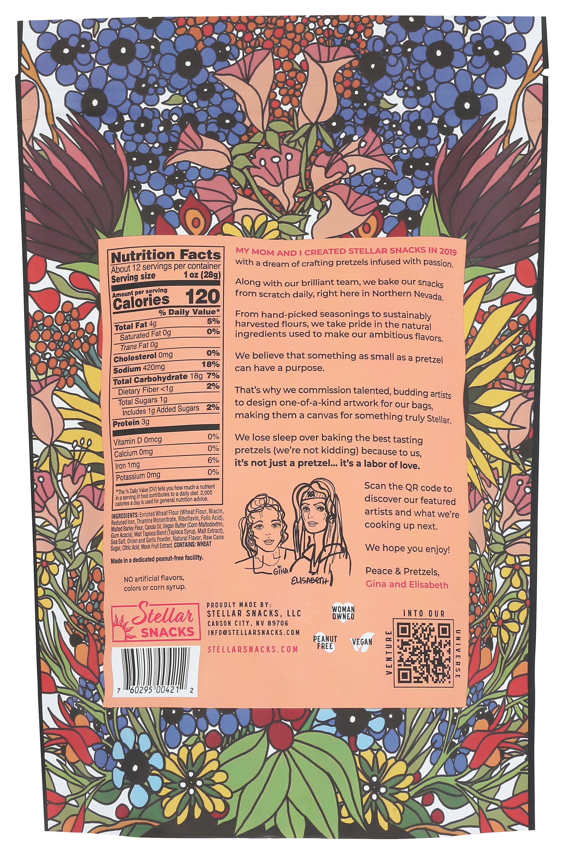 Colorful snack package with a nutrition label and branding on a white background