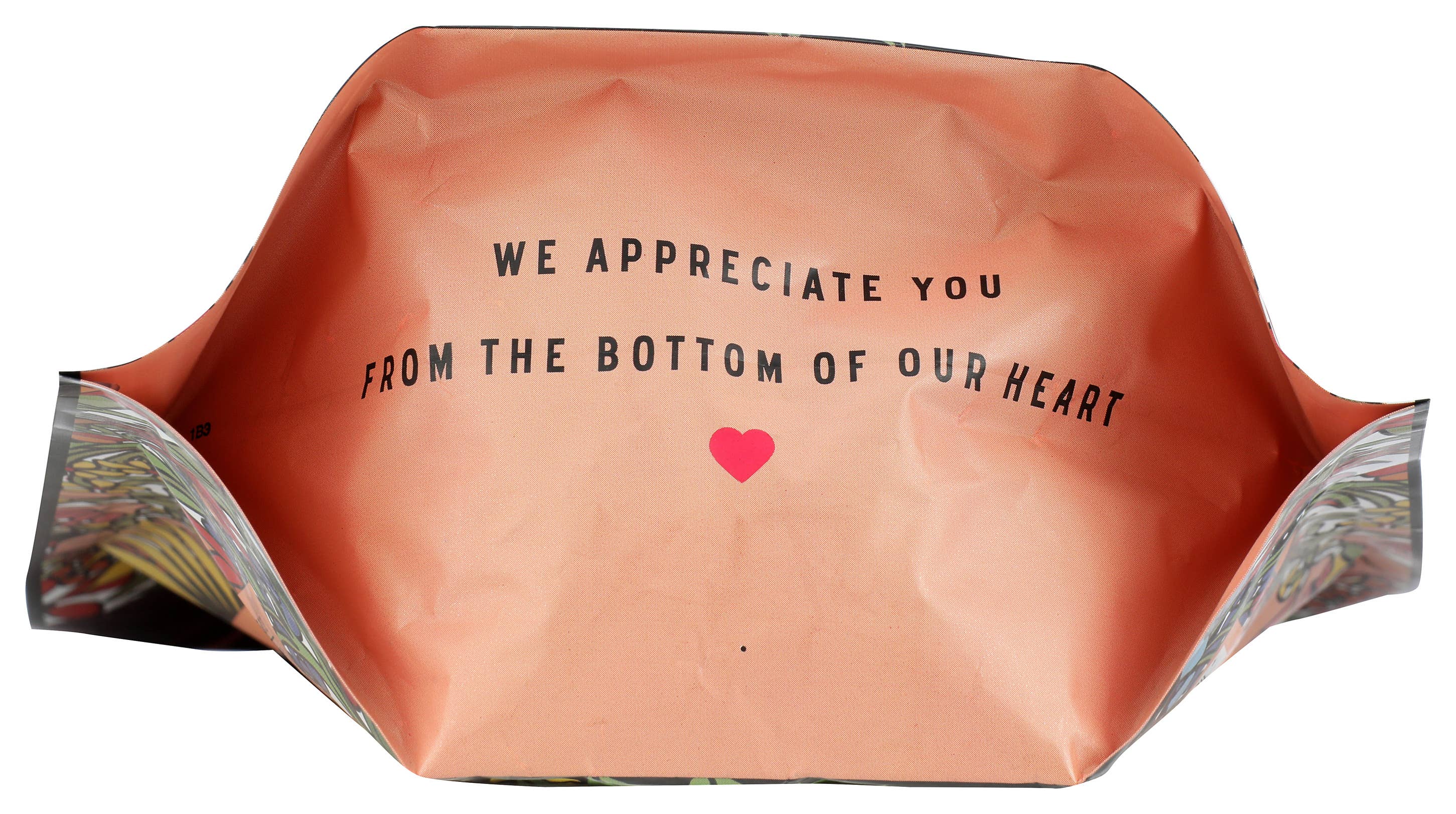 Pink bag with text and a heart symbol on a white background