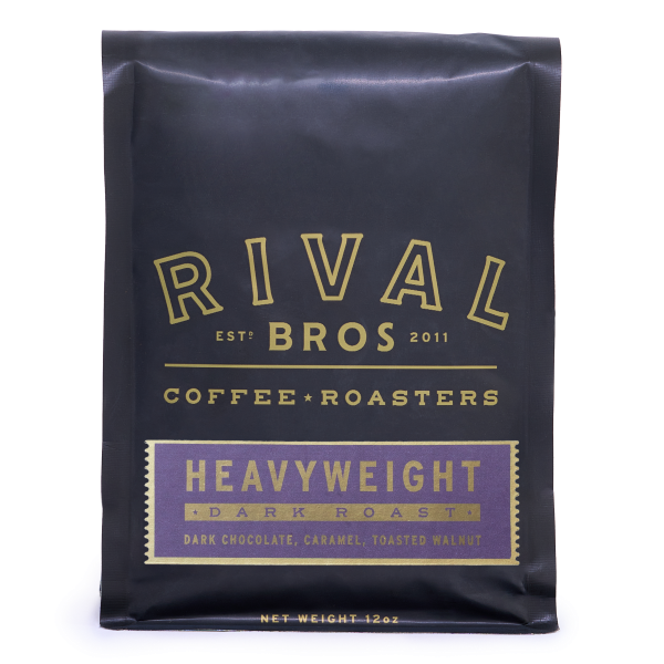Black coffee bag with 'Rival Bros Coffee Roasters' branding on a white background