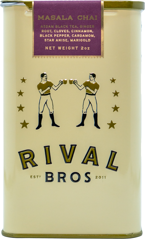 Rival Bros Masala Chai tea canister with illustrations and text on a beige background