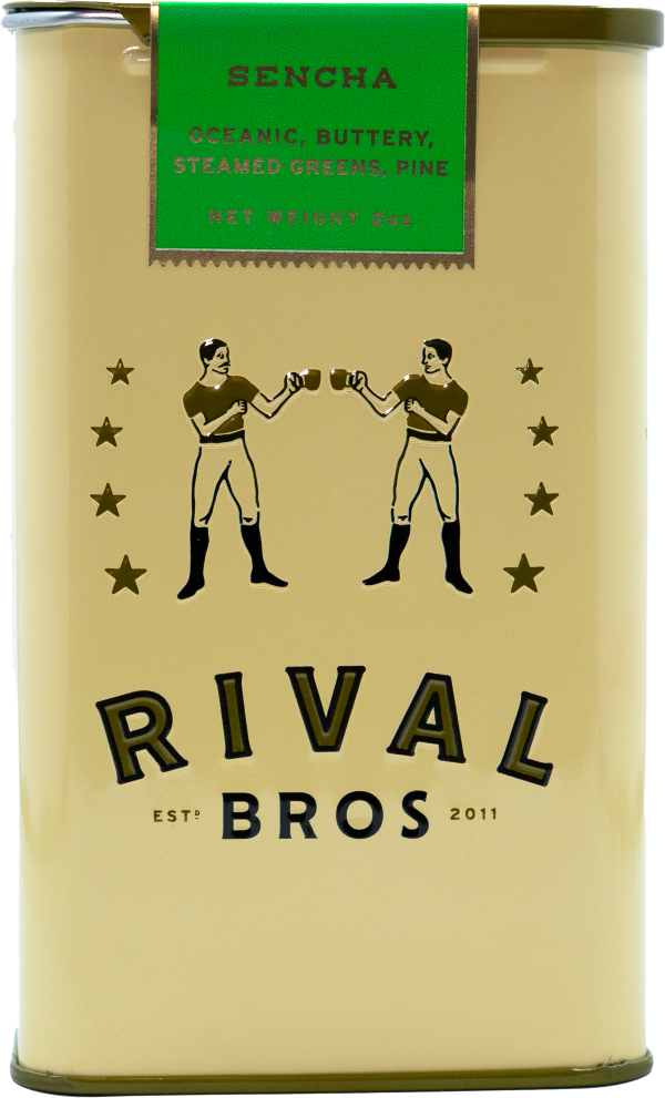Rival Bros Gencha tea canister with green label and vintage-style illustration on beige background