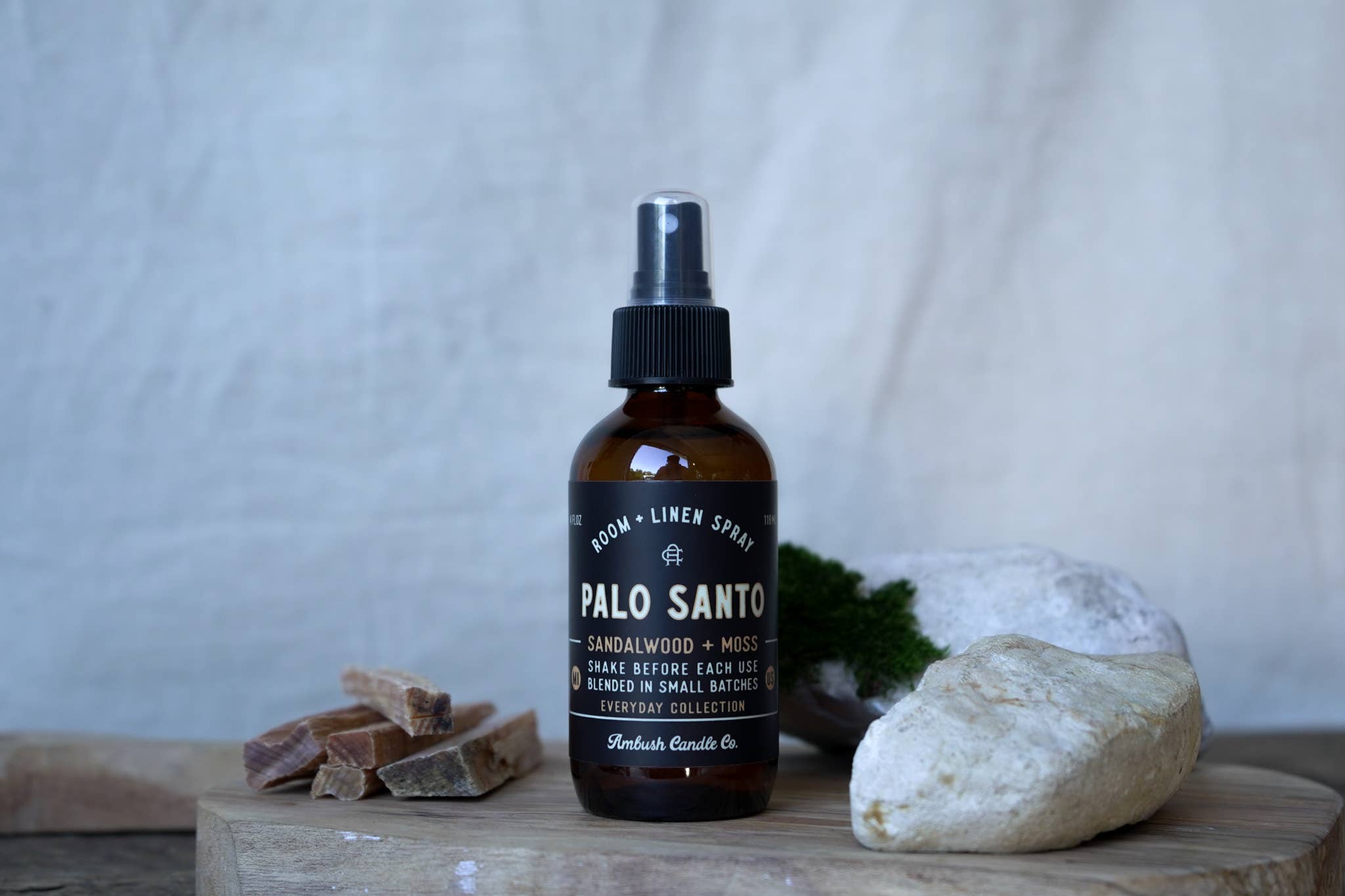 Earthy and grounding with notes of sandalwood and moss, this vegan room + linen spray adds calm to any space. Phthalate-free and cruelty-free.
