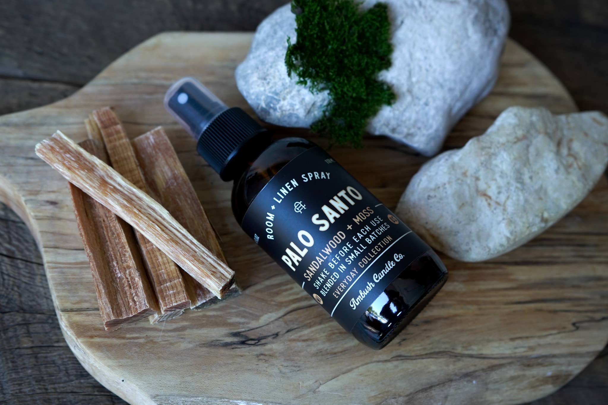 Earthy and grounding with notes of sandalwood and moss, this vegan room + linen spray adds calm to any space. Phthalate-free and cruelty-free.