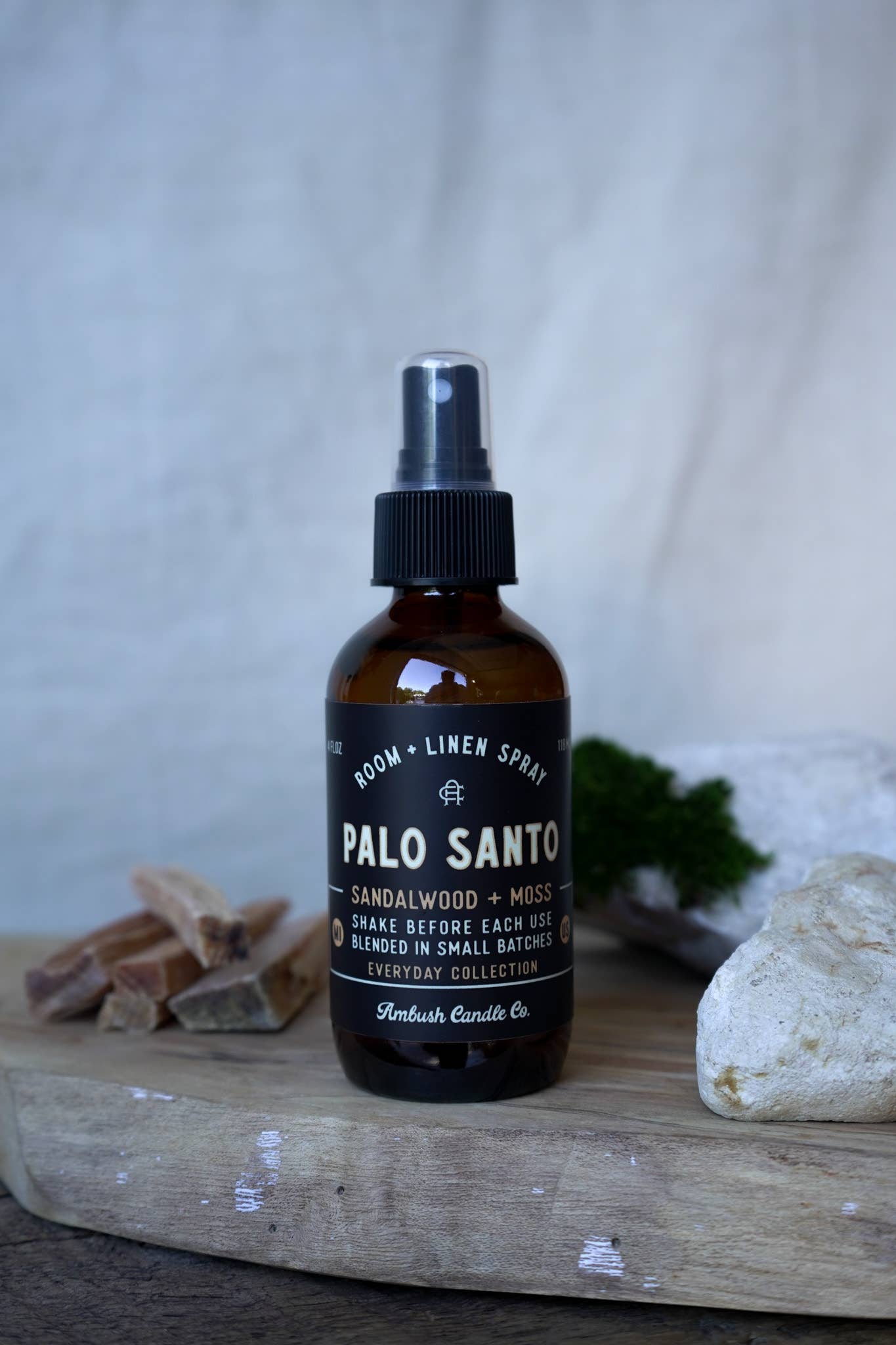 Earthy and grounding with notes of sandalwood and moss, this vegan room + linen spray adds calm to any space. Phthalate-free and cruelty-free.