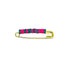 Brass safety pin strung with neon pink and dark teal ceramic beads on white
