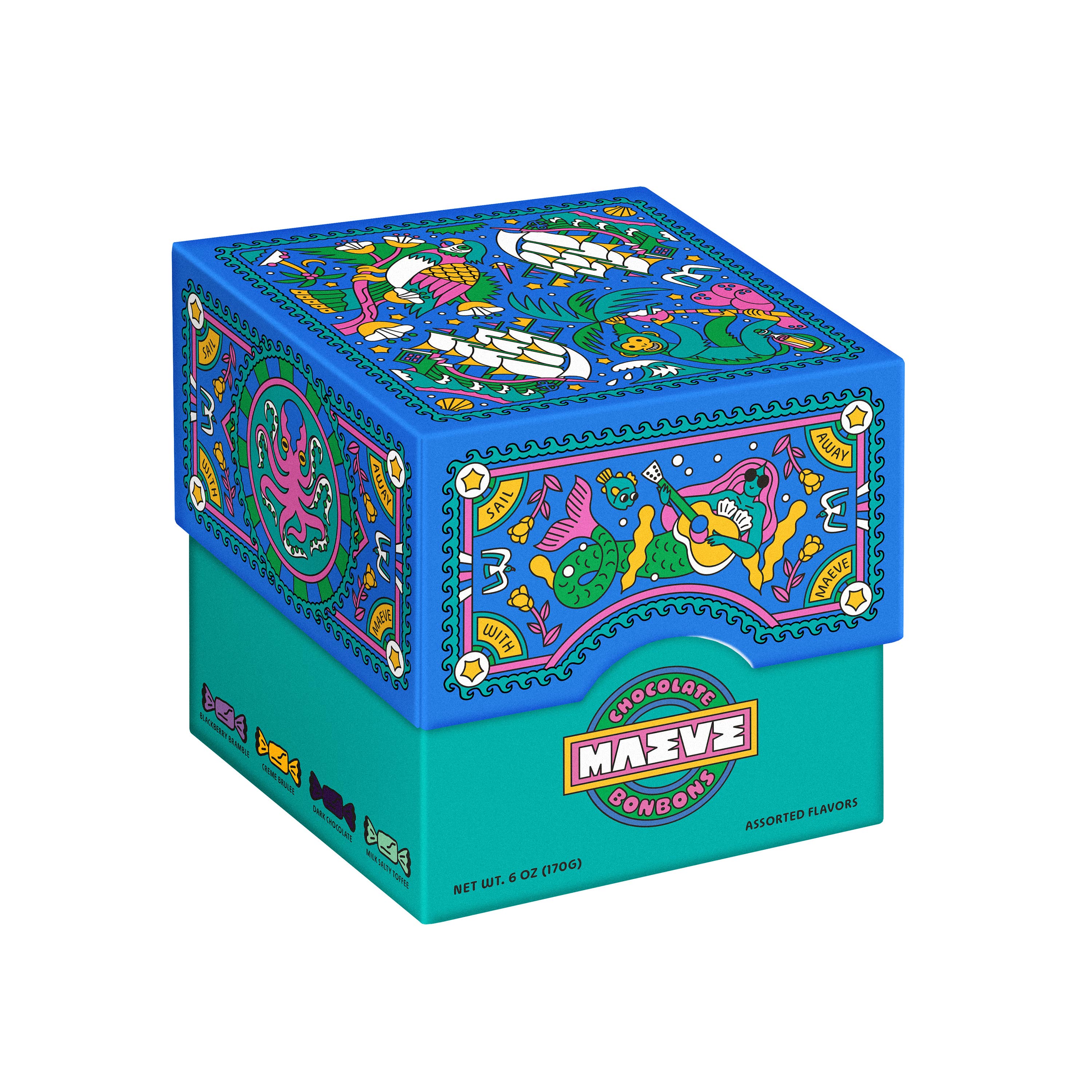 Colorful box with Mäve chocolate logo on a white background