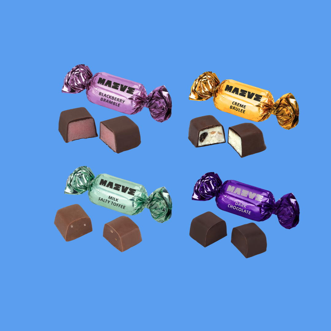 Assorted Maveve candies on a blue background