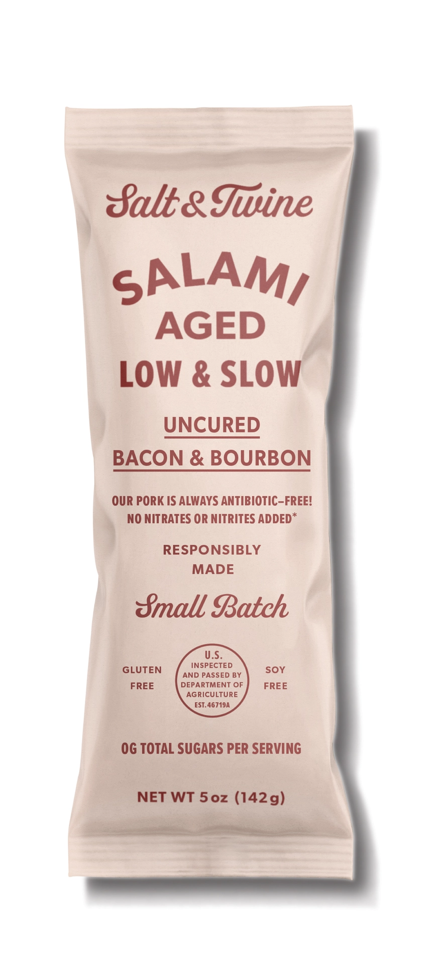 Treat yourself to the bold and flavorful taste of our Uncured Bacon & Bourbon Salami Sausage from Salt & Twine. Small batch charcuterie that some call adult lunchables.