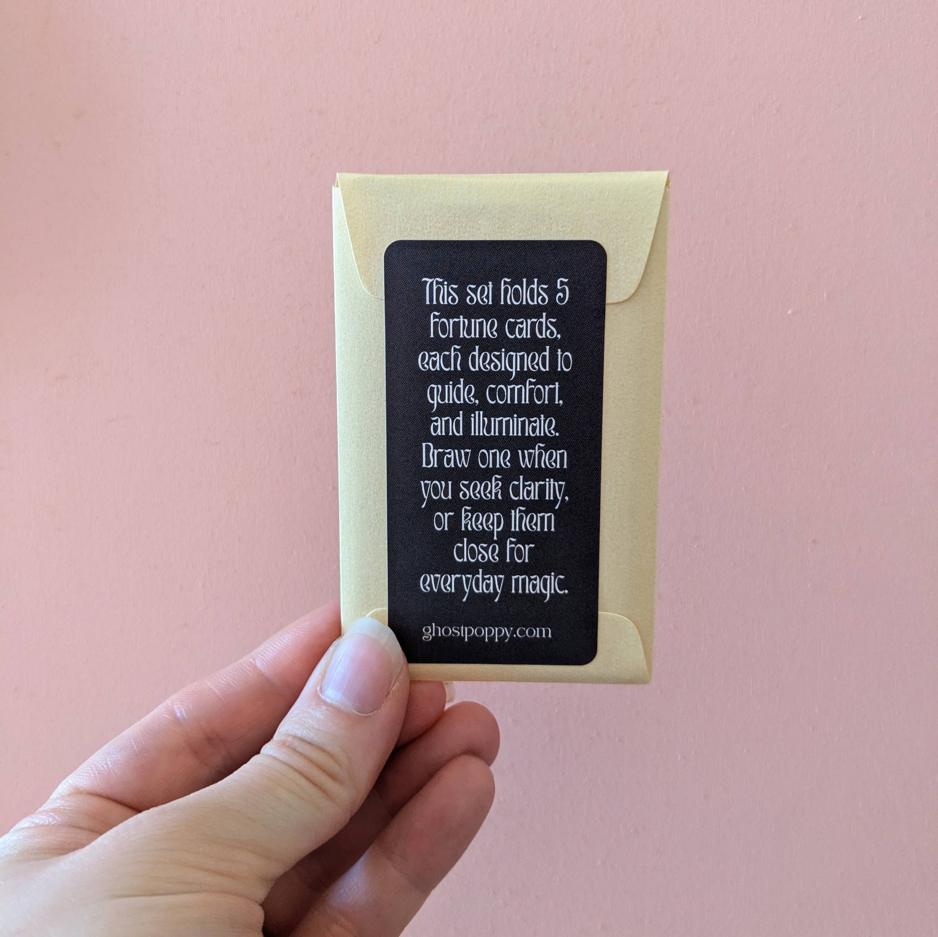 Fortune card set with a black card and beige envelope against a pink background