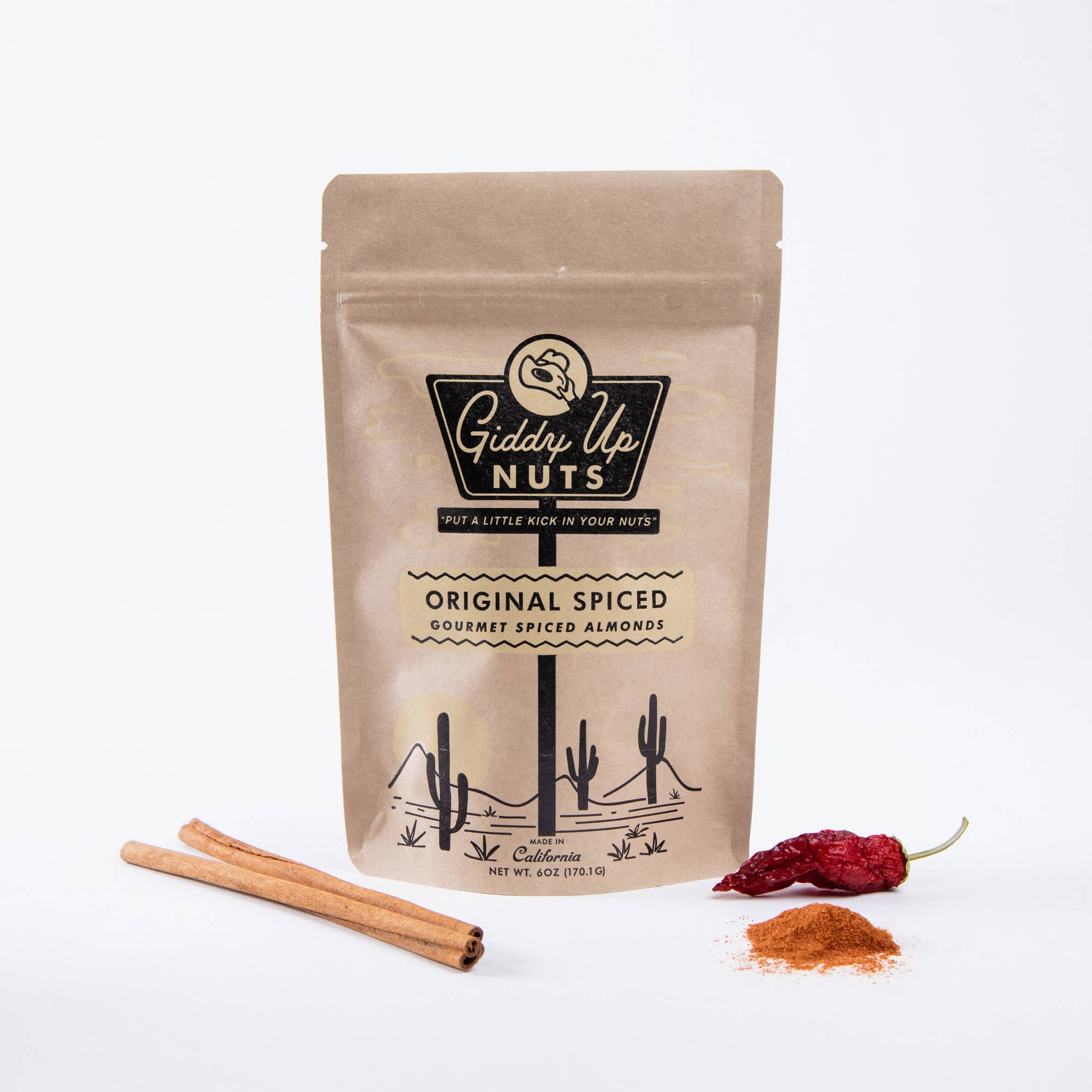 Get hooked on Giddy Up Nuts' Original Spiced almonds—small-batch California almonds packed with bold, all-natural spices for irresistible snacking!