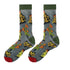 Gray sheer socks with colorful botanical print and red heels on white