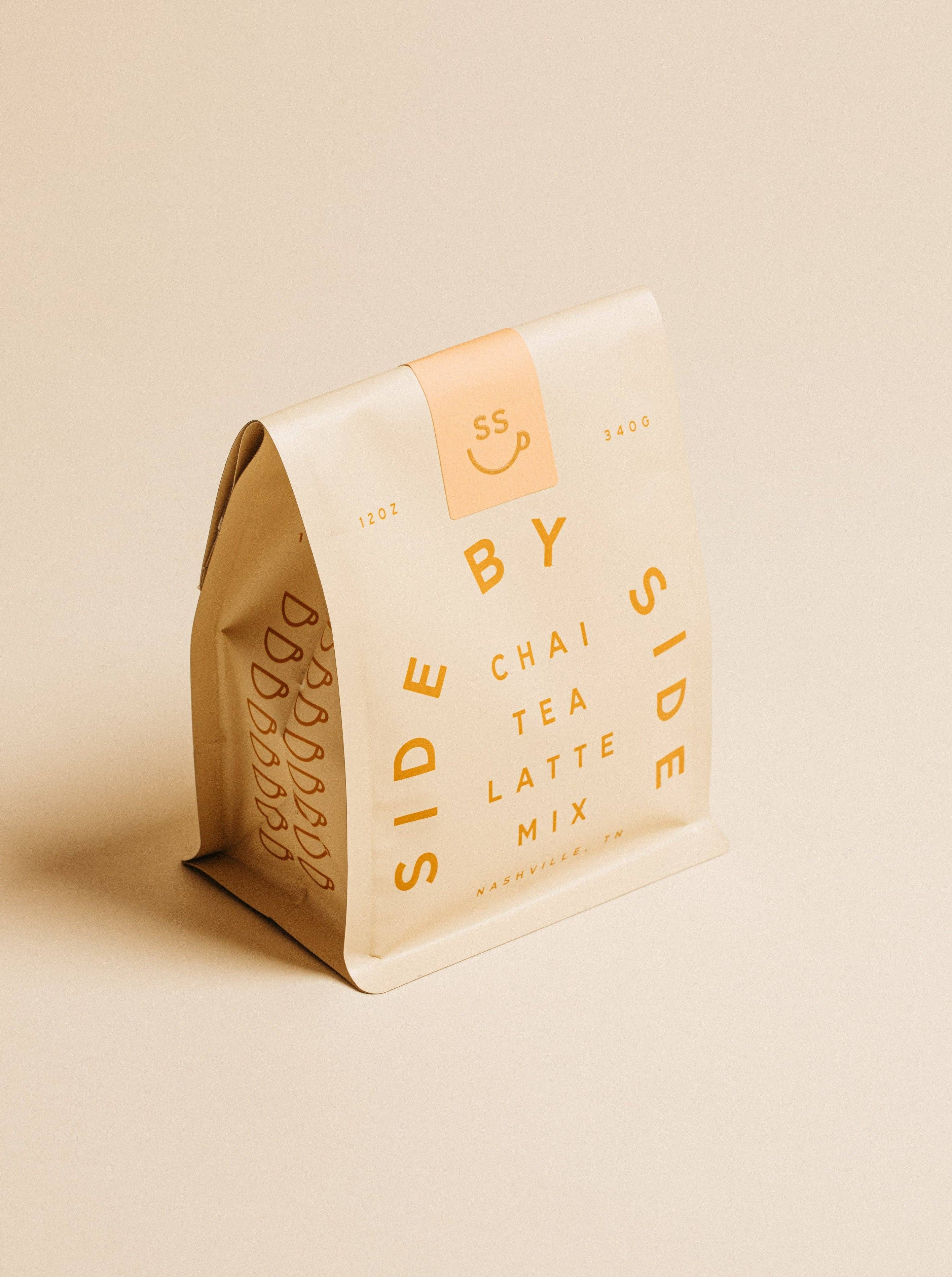 Side by Side Chai Tea Latte Mix packaging on a beige background