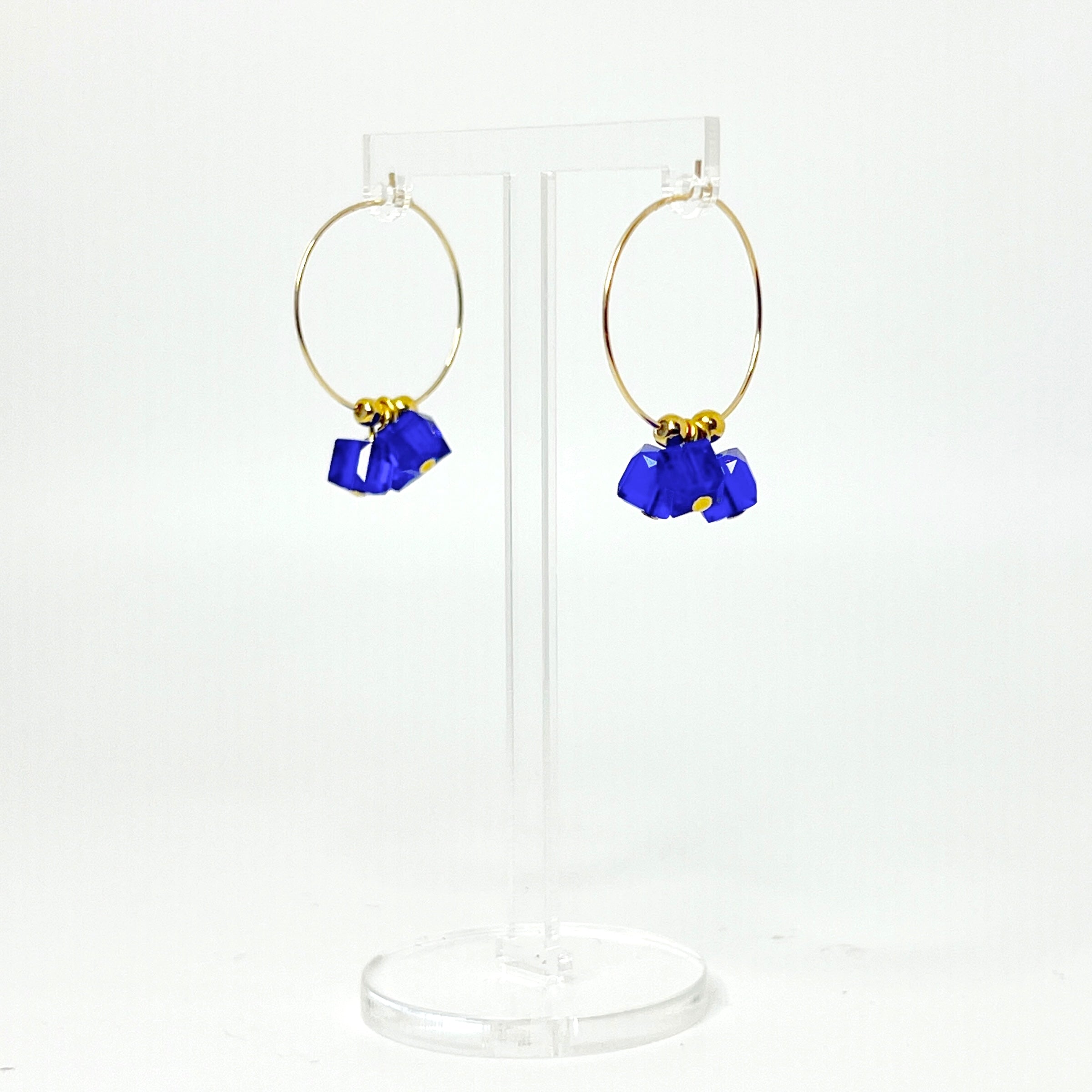 Cool, collected, and effortlessly modern. The Small Anchor Hoops feature a trio of bold cobalt crystal cubes clustered together for a structured, sculptural silhouette. Subtle but striking, they’re your go-to hoops when you want a pop of color with clean, confident lines.