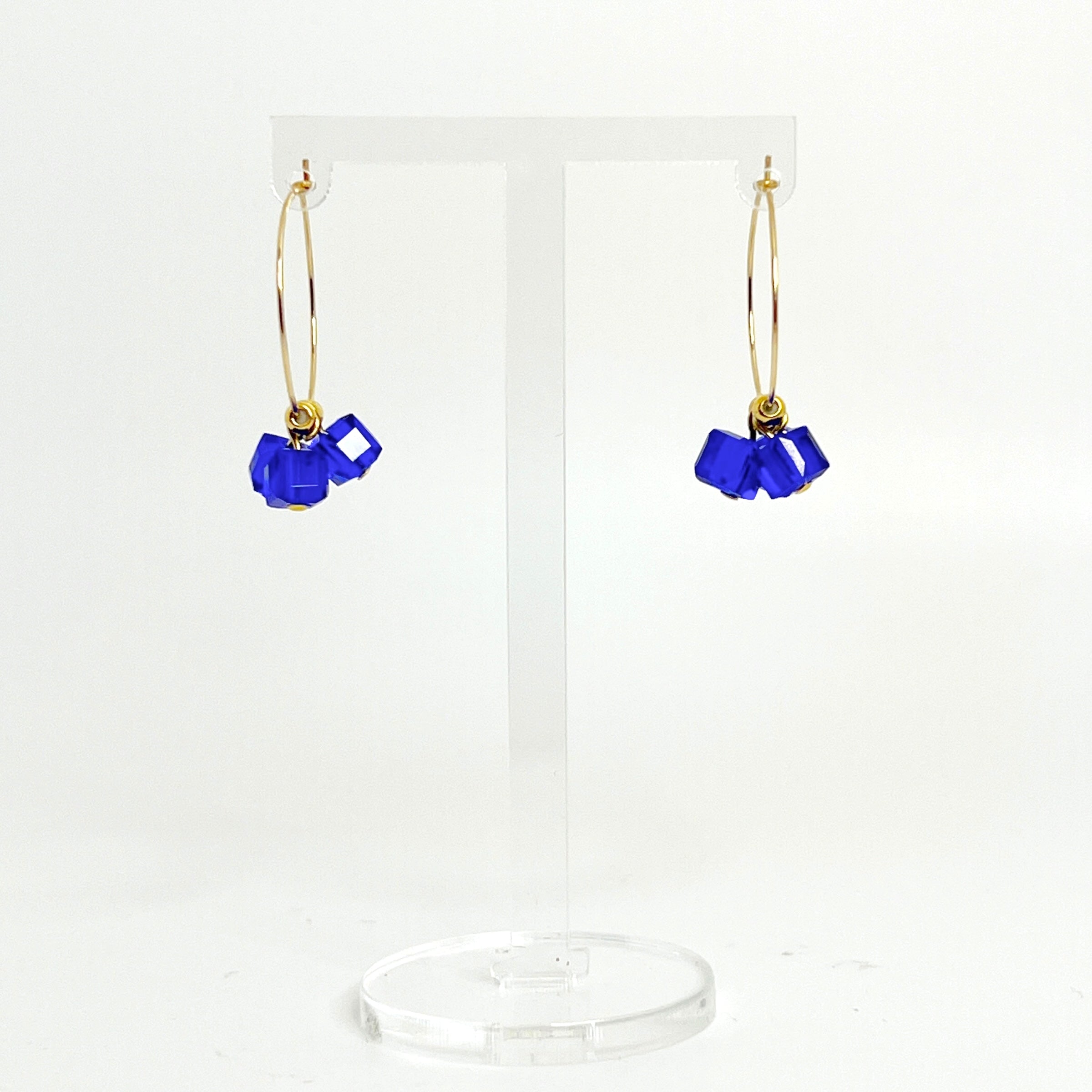 Cool, collected, and effortlessly modern. The Small Anchor Hoops feature a trio of bold cobalt crystal cubes clustered together for a structured, sculptural silhouette. Subtle but striking, they’re your go-to hoops when you want a pop of color with clean, confident lines.