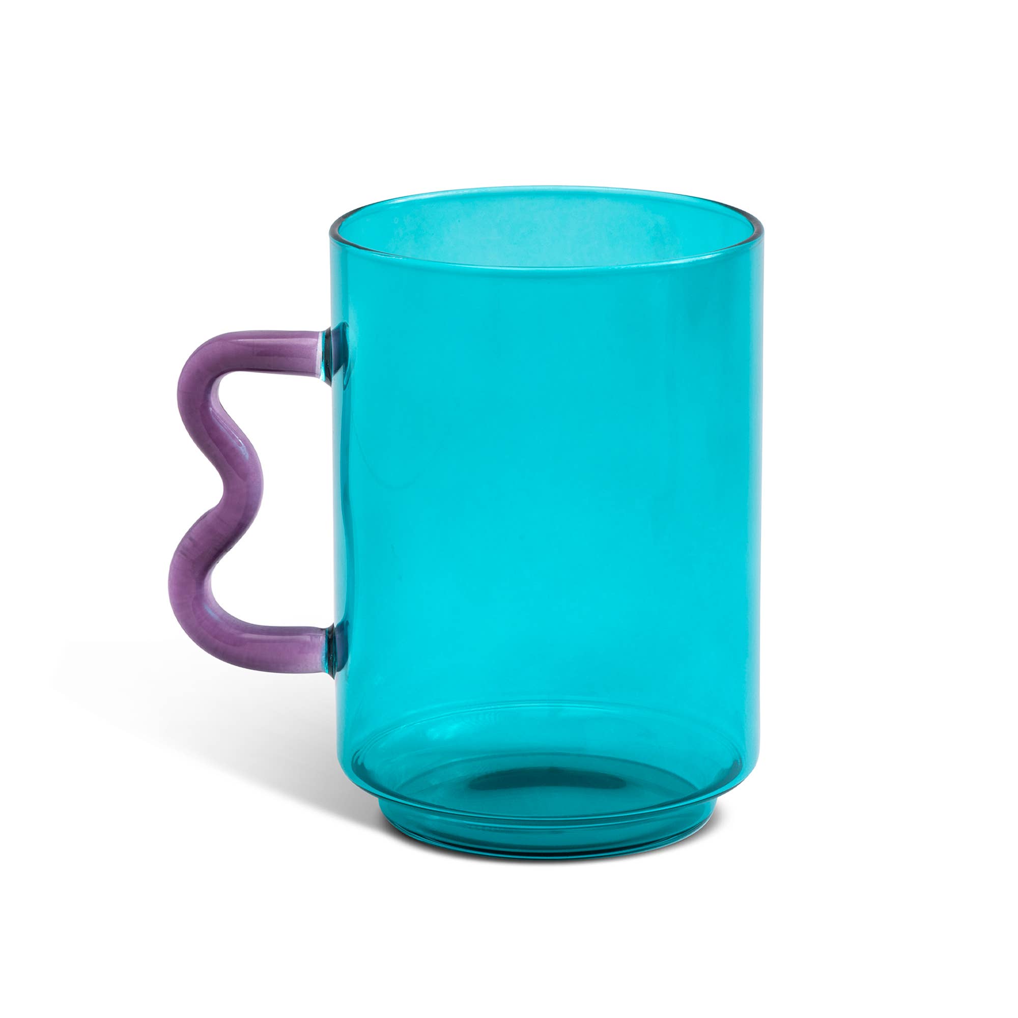 Add joy to your routine with the Squiggle Mug! This 18oz teal glass mug features a playful purple squiggle handle—fun, functional, and sure to make you smile.