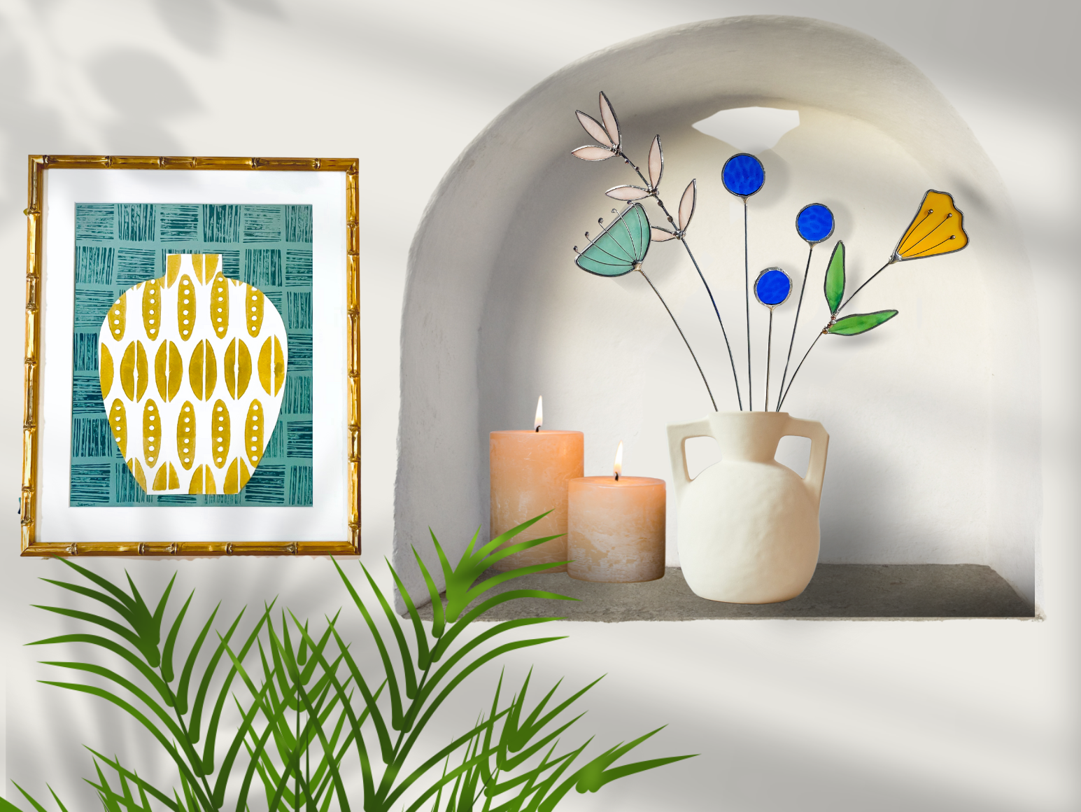 Bring a pop of color and artistry to your home with this handcrafted set of stained glass blue globe thistles by Samara Designs Studio. Each stem is carefully handmade using cobalt blue stained glass, cut and assembled with care to create a lasting botanical accent that will never wilt or fade.