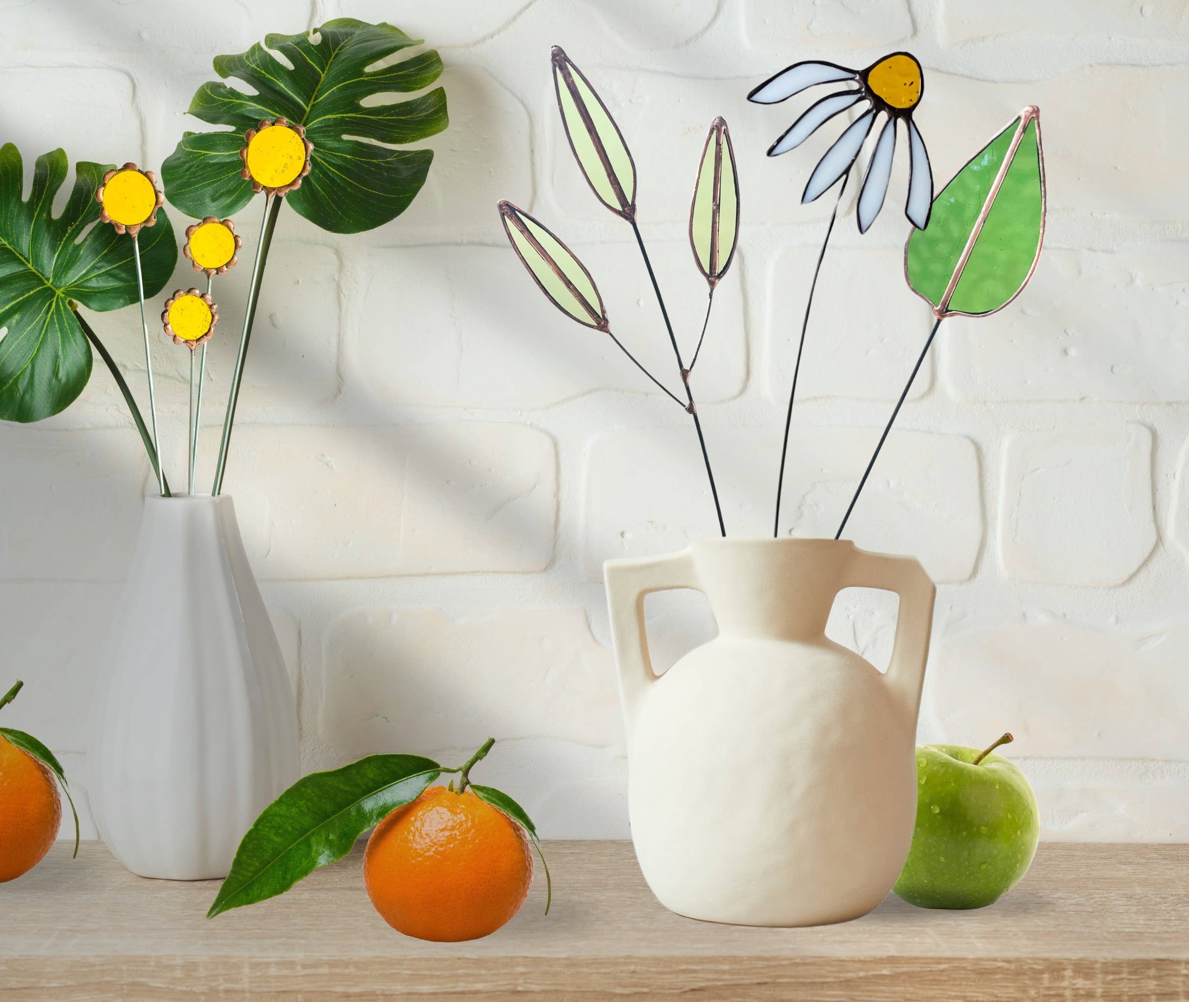 Handmade stained glass buttercups add bright yellow charm to any space. Pet-safe, low-maintenance decor for vases or planters. Set of four stems.