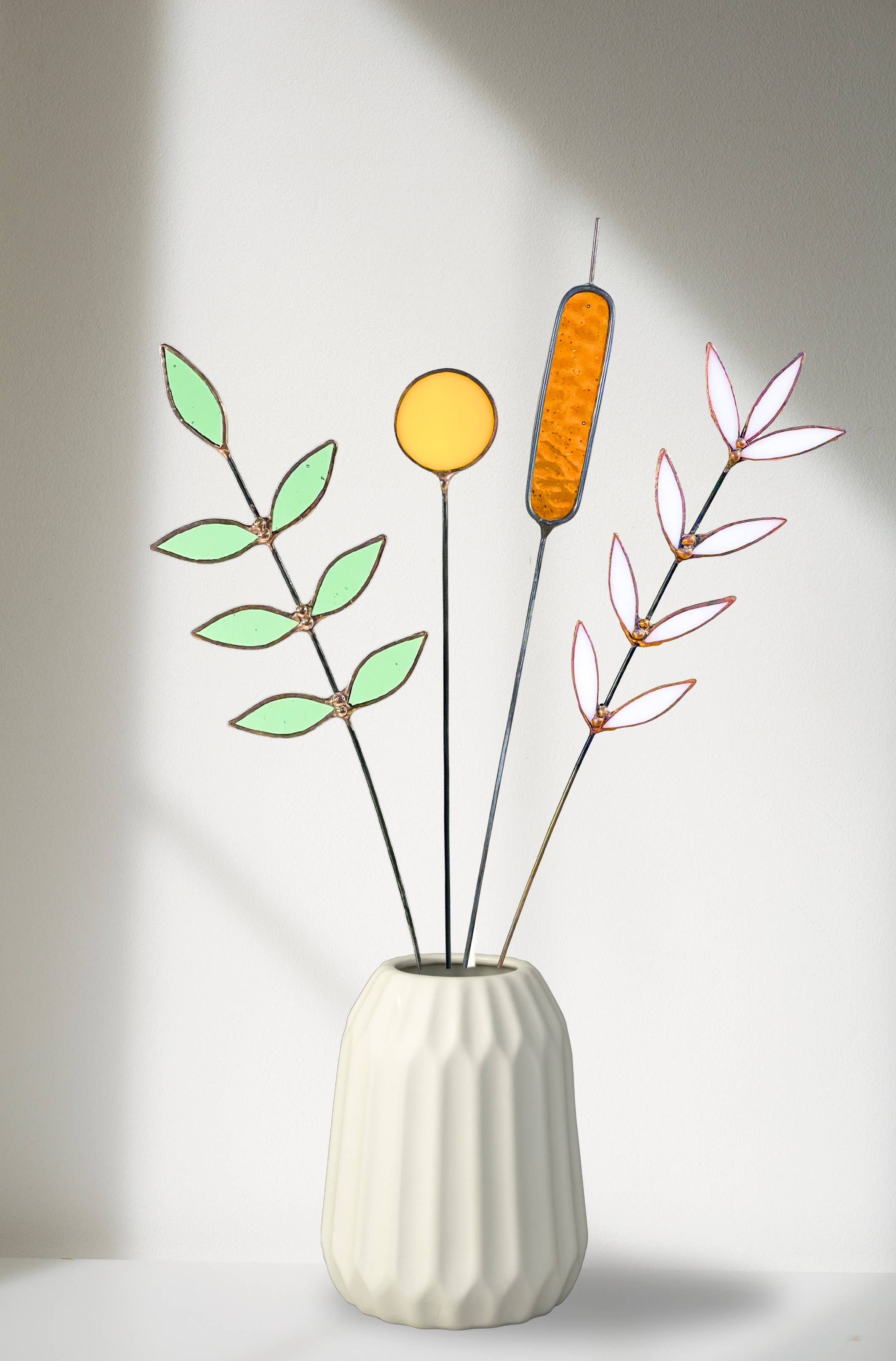 Handcrafted stained glass cattail stem for lasting, colorful home decor. Mix and match with other stems for a custom, everlasting floral arrangement.