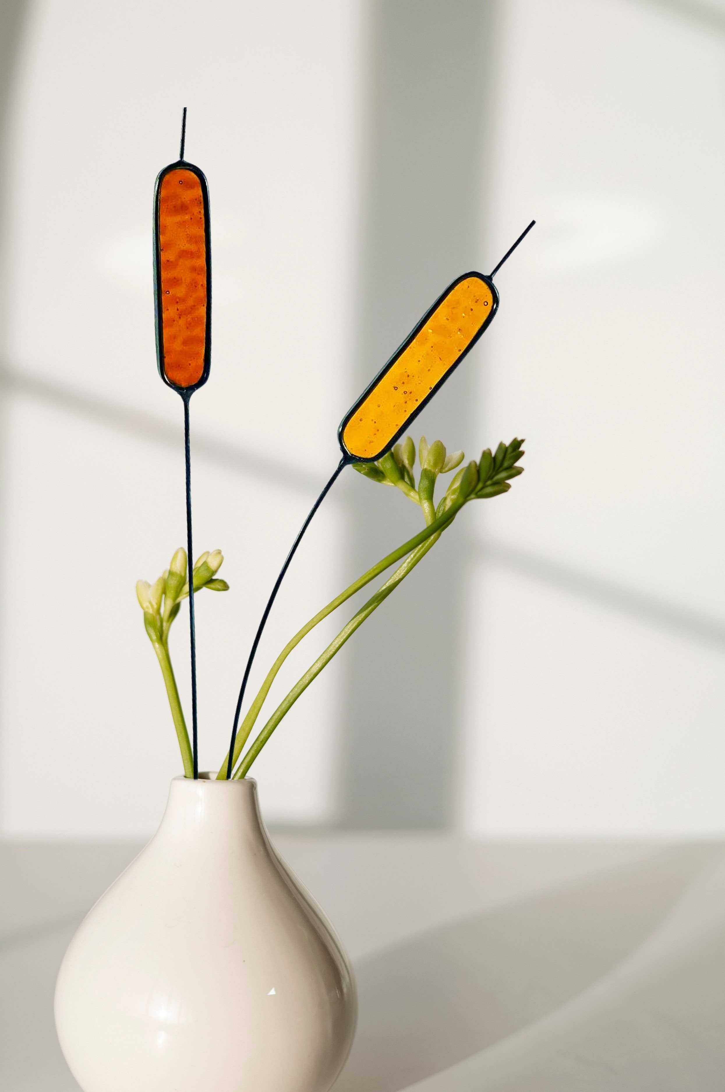 Handcrafted stained glass cattail stem for lasting, colorful home decor. Mix and match with other stems for a custom, everlasting floral arrangement.