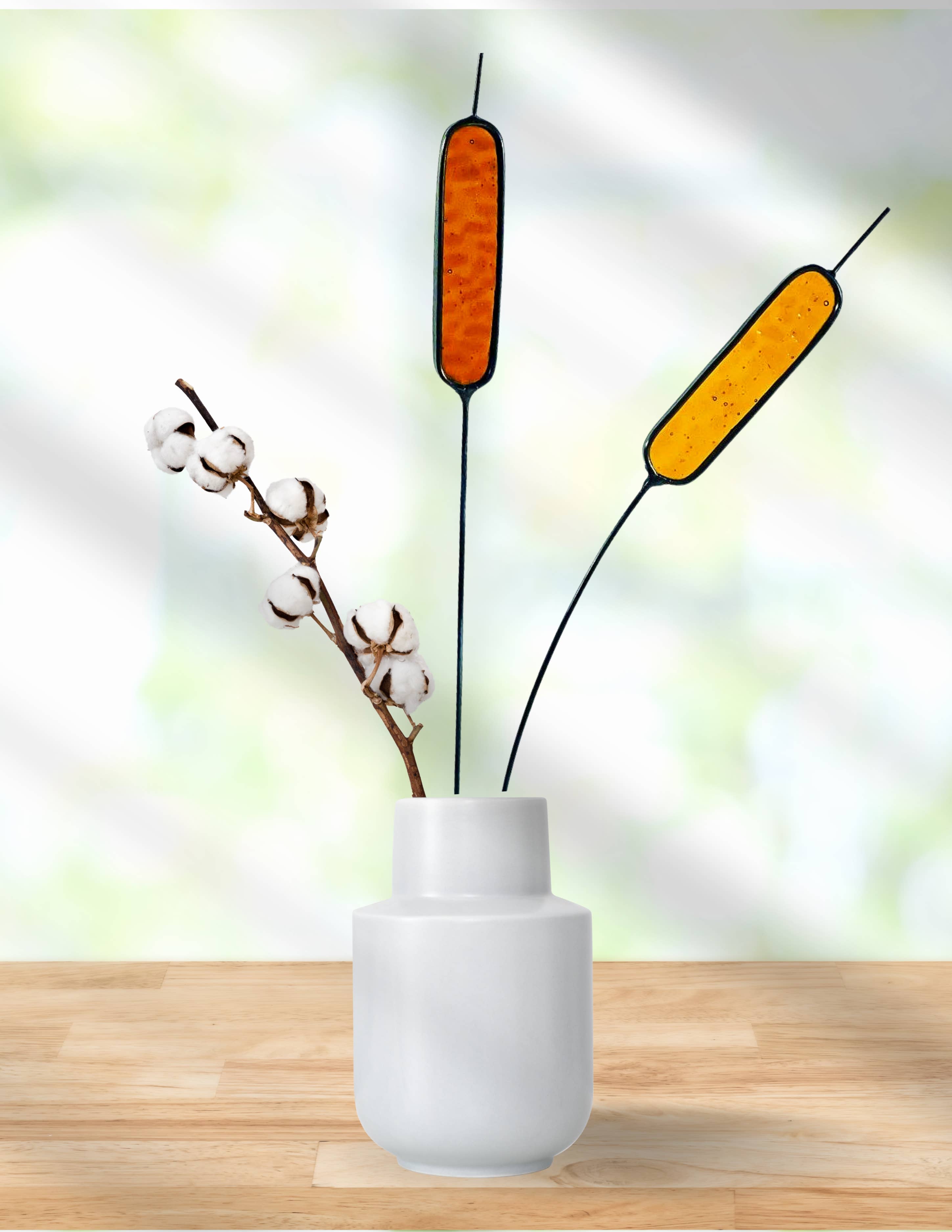 Handcrafted stained glass cattail stem for lasting, colorful home decor. Mix and match with other stems for a custom, everlasting floral arrangement.