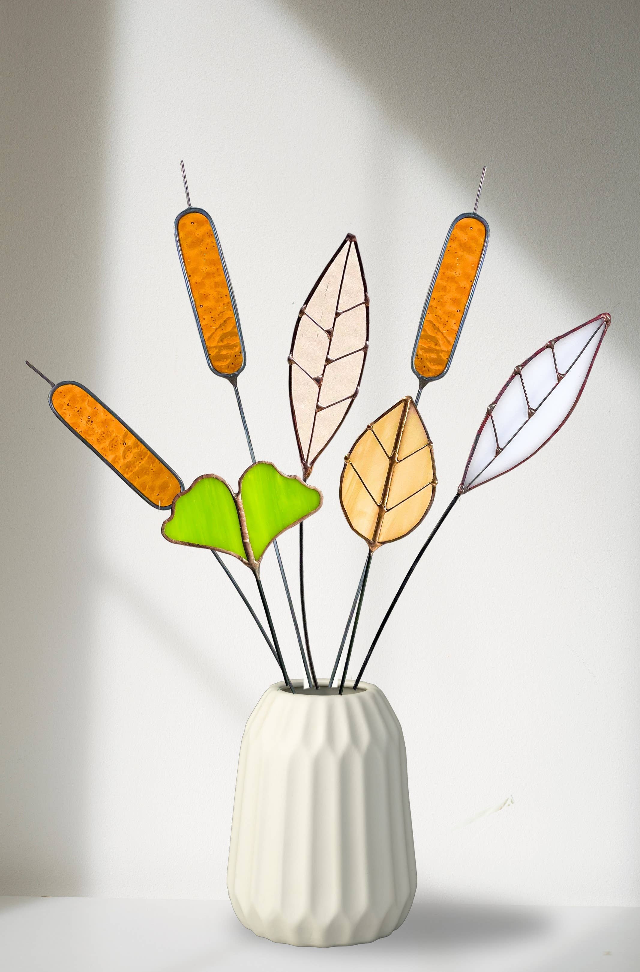 Handcrafted stained glass cattail stem for lasting, colorful home decor. Mix and match with other stems for a custom, everlasting floral arrangement.