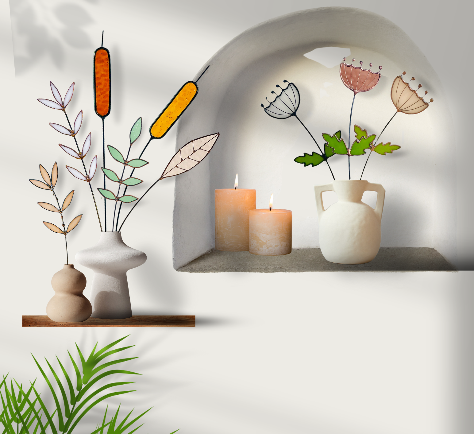 Bring a pop of color and artistry to your home with this handcrafted stained glass peachy pink wildflower by Samara Designs Studio. This delicate sprig is handmade using peachy pink stained glass. Each piece of glass is hand cut and meticulously crafted using the traditional stained glass copper foil technique to create a lasting botanical accent that will never wilt or fade.