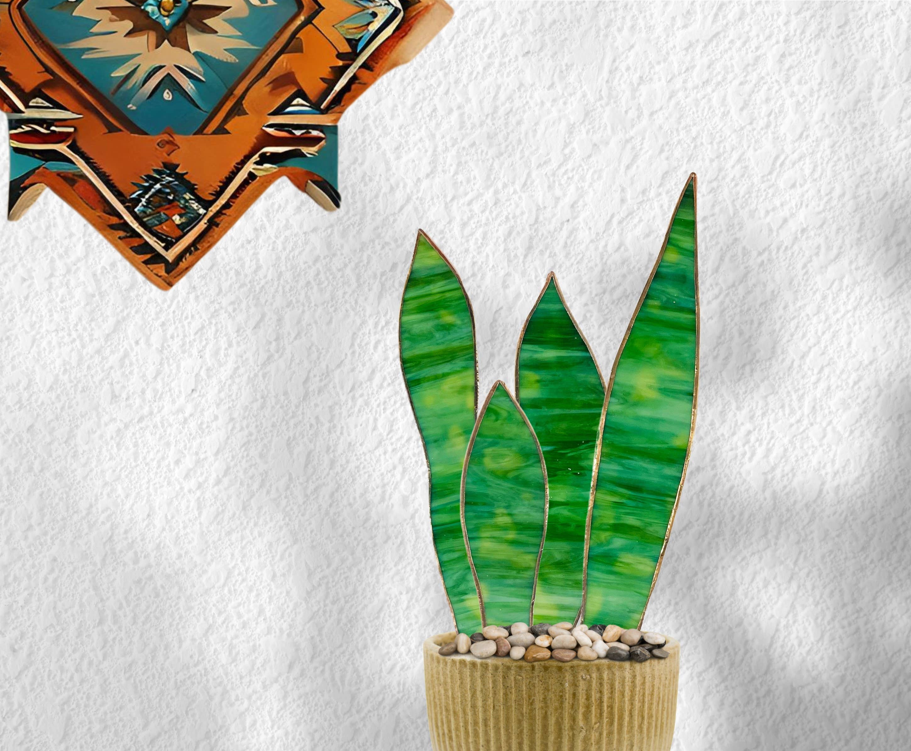 Handmade stained glass snake plant with 4 sculpted leaves. A cat-friendly, zero-maintenance houseplant alternative. Perfect for colorful home decor.