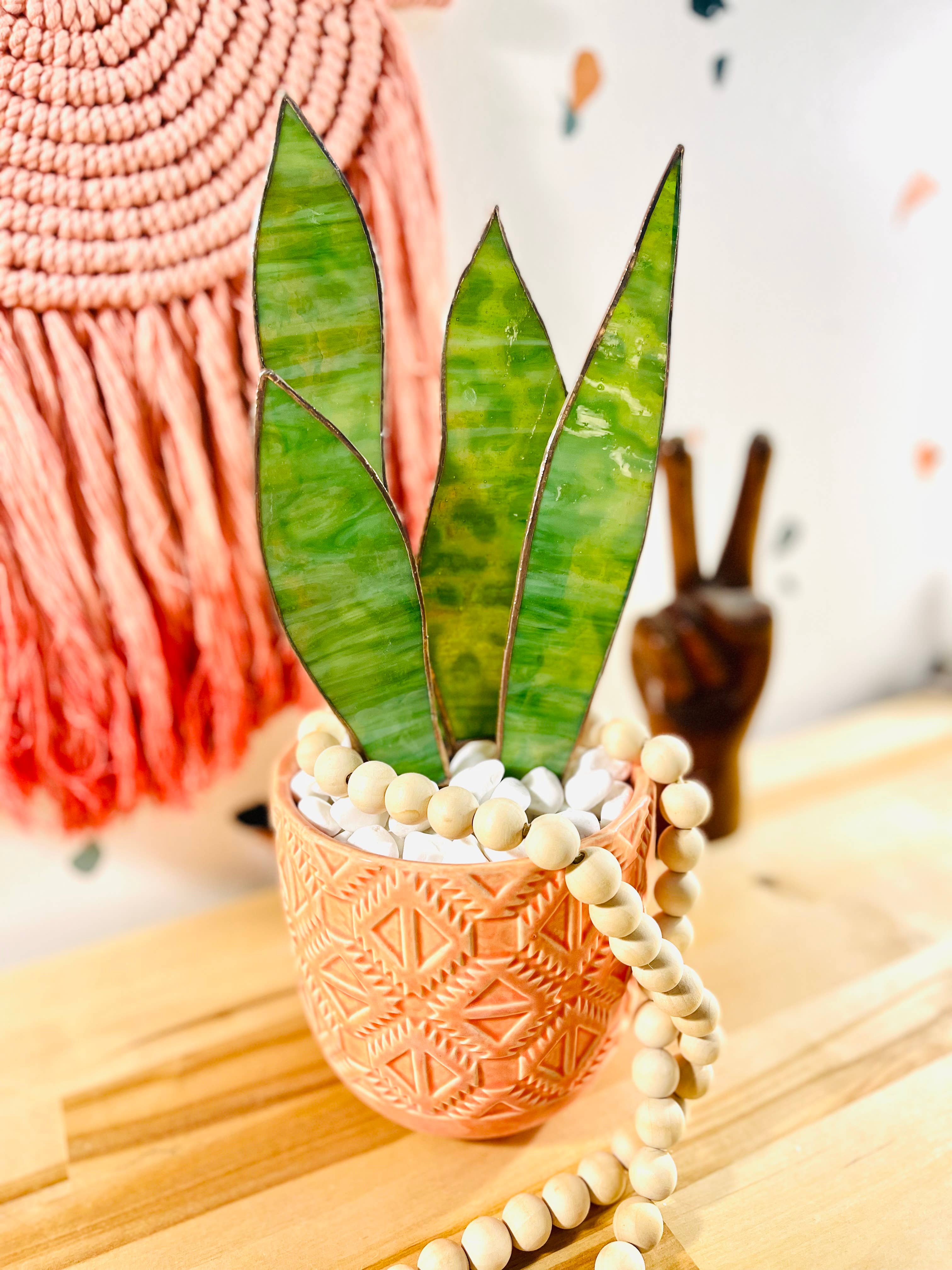 Handmade stained glass snake plant with 4 sculpted leaves. A cat-friendly, zero-maintenance houseplant alternative. Perfect for colorful home decor.