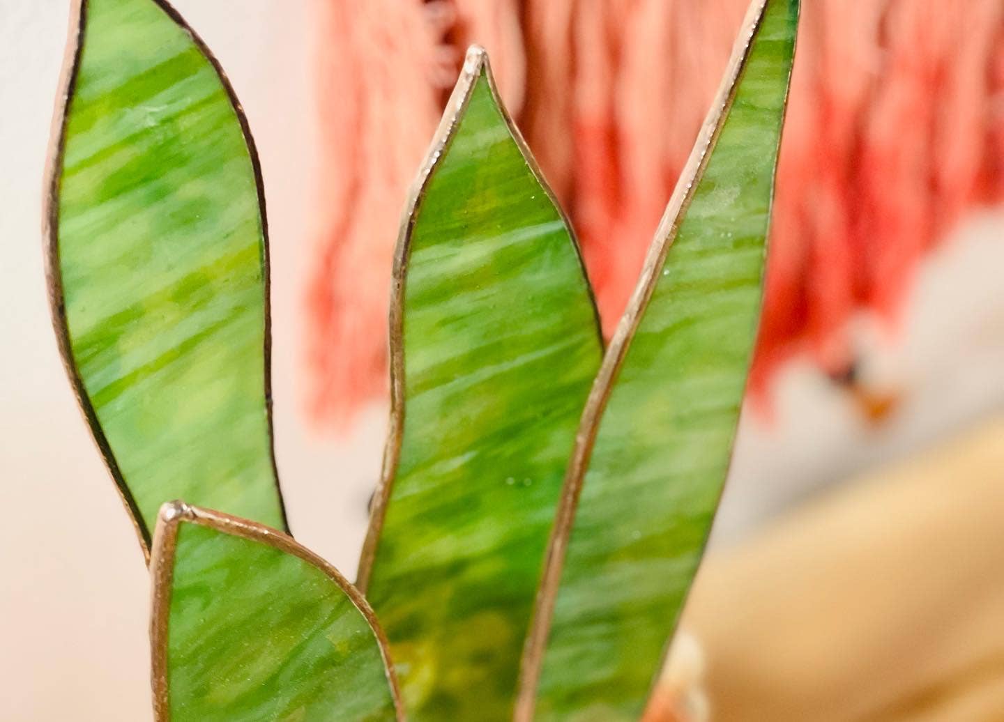 Handmade stained glass snake plant with 4 sculpted leaves. A cat-friendly, zero-maintenance houseplant alternative. Perfect for colorful home decor.