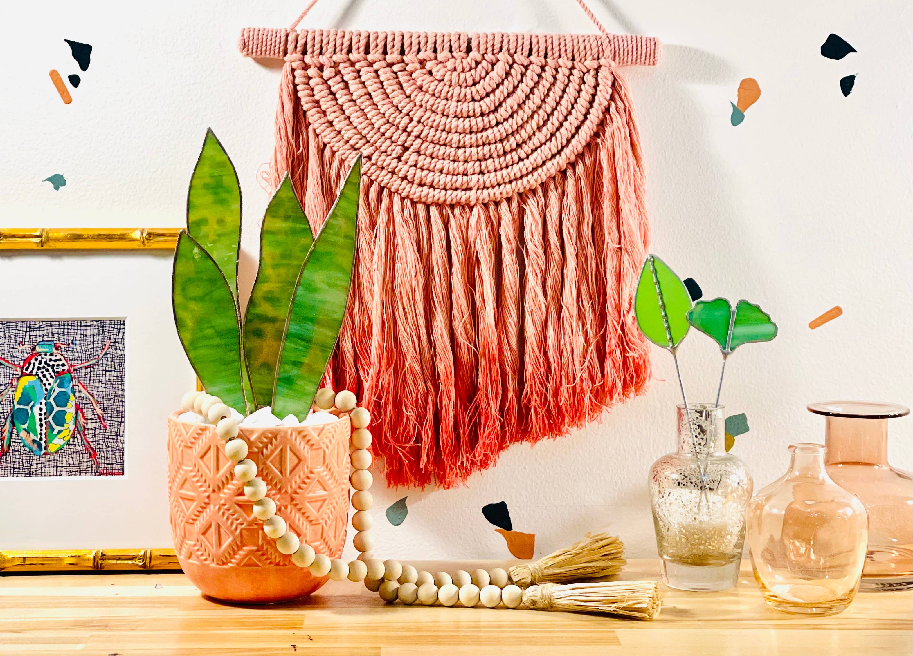 Handmade stained glass snake plant with 4 sculpted leaves. A cat-friendly, zero-maintenance houseplant alternative. Perfect for colorful home decor.