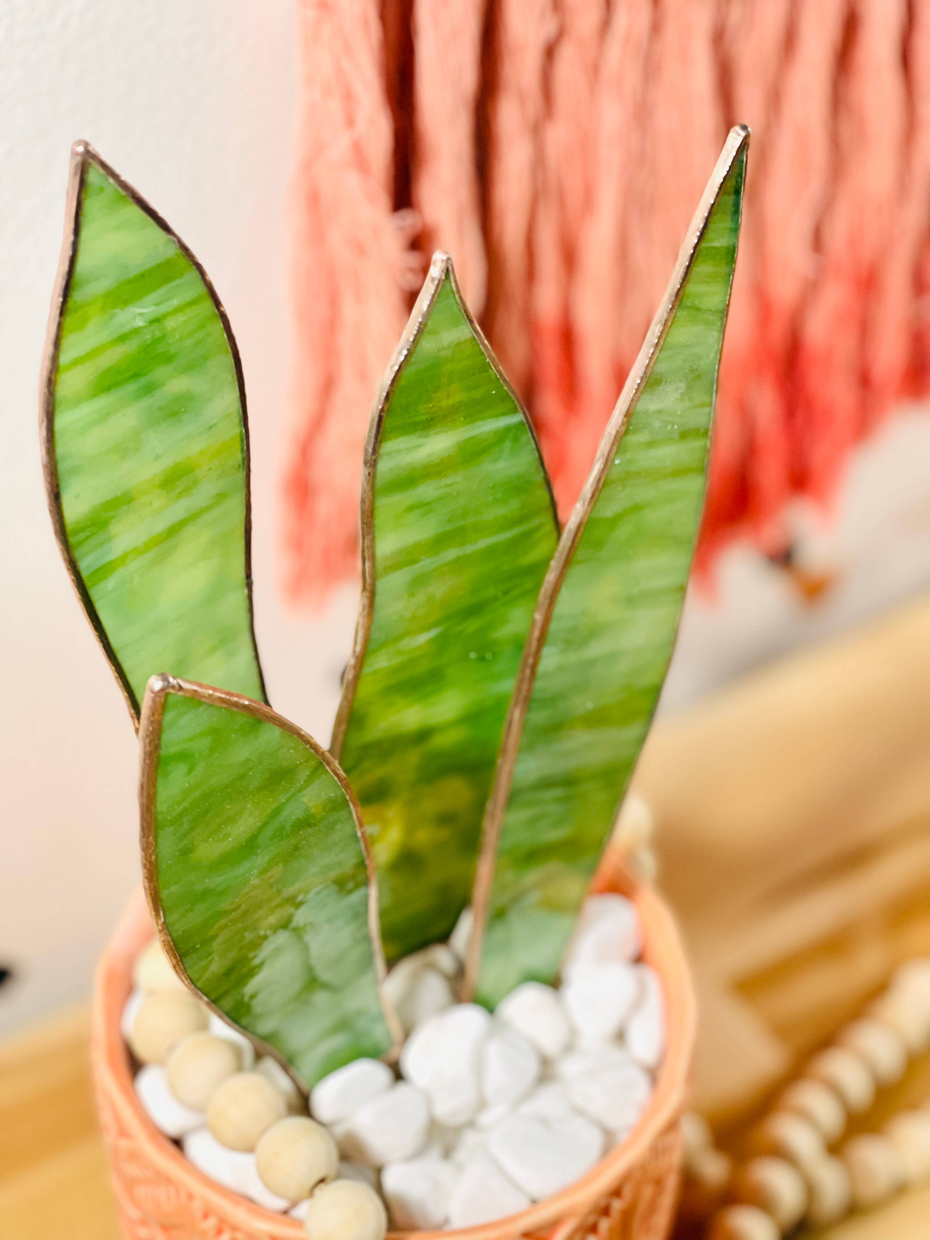 Handmade stained glass snake plant with 4 sculpted leaves. A cat-friendly, zero-maintenance houseplant alternative. Perfect for colorful home decor.