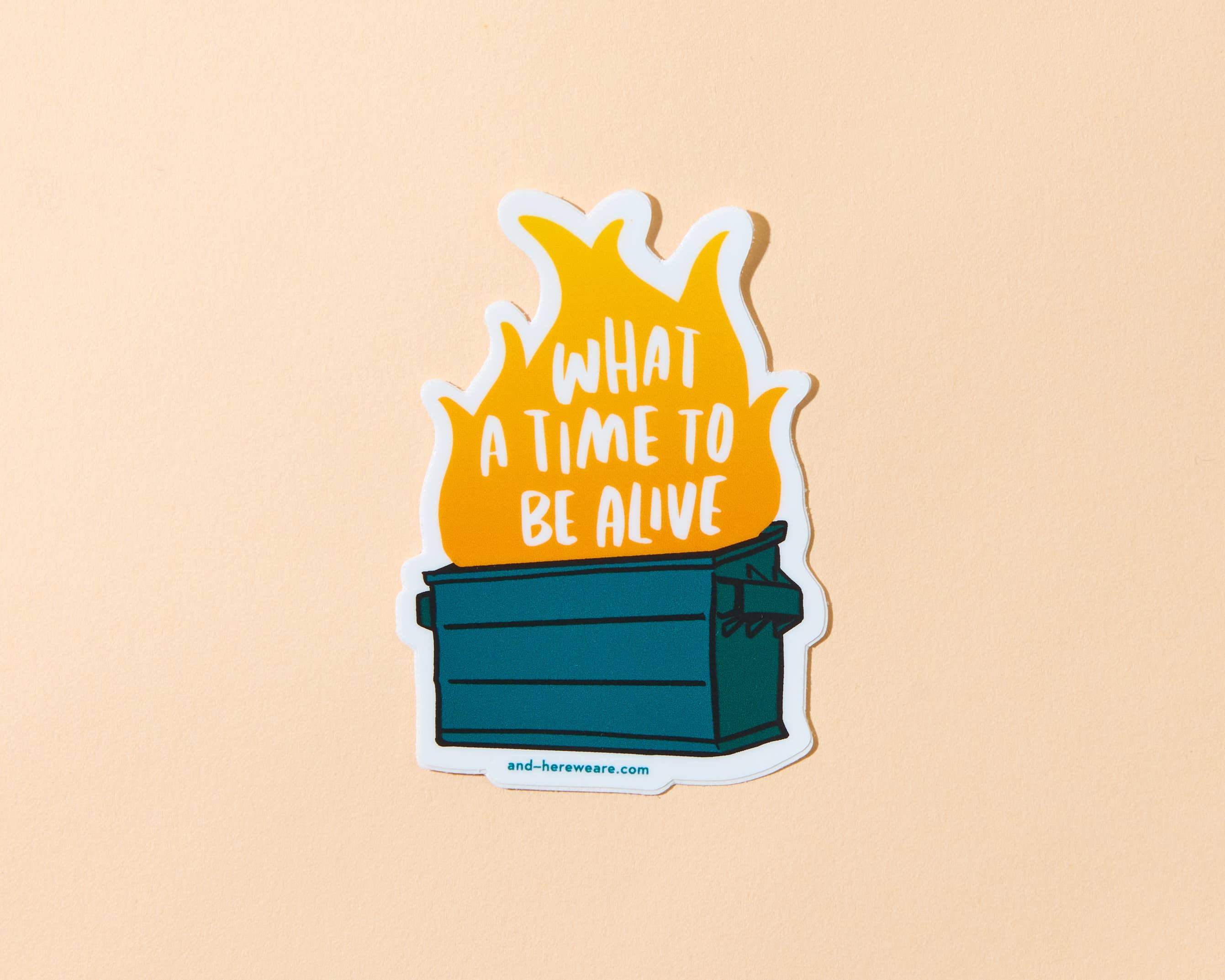 Sticker with a dumpster fire graphic and text 'What a time to be alive' on a beige background