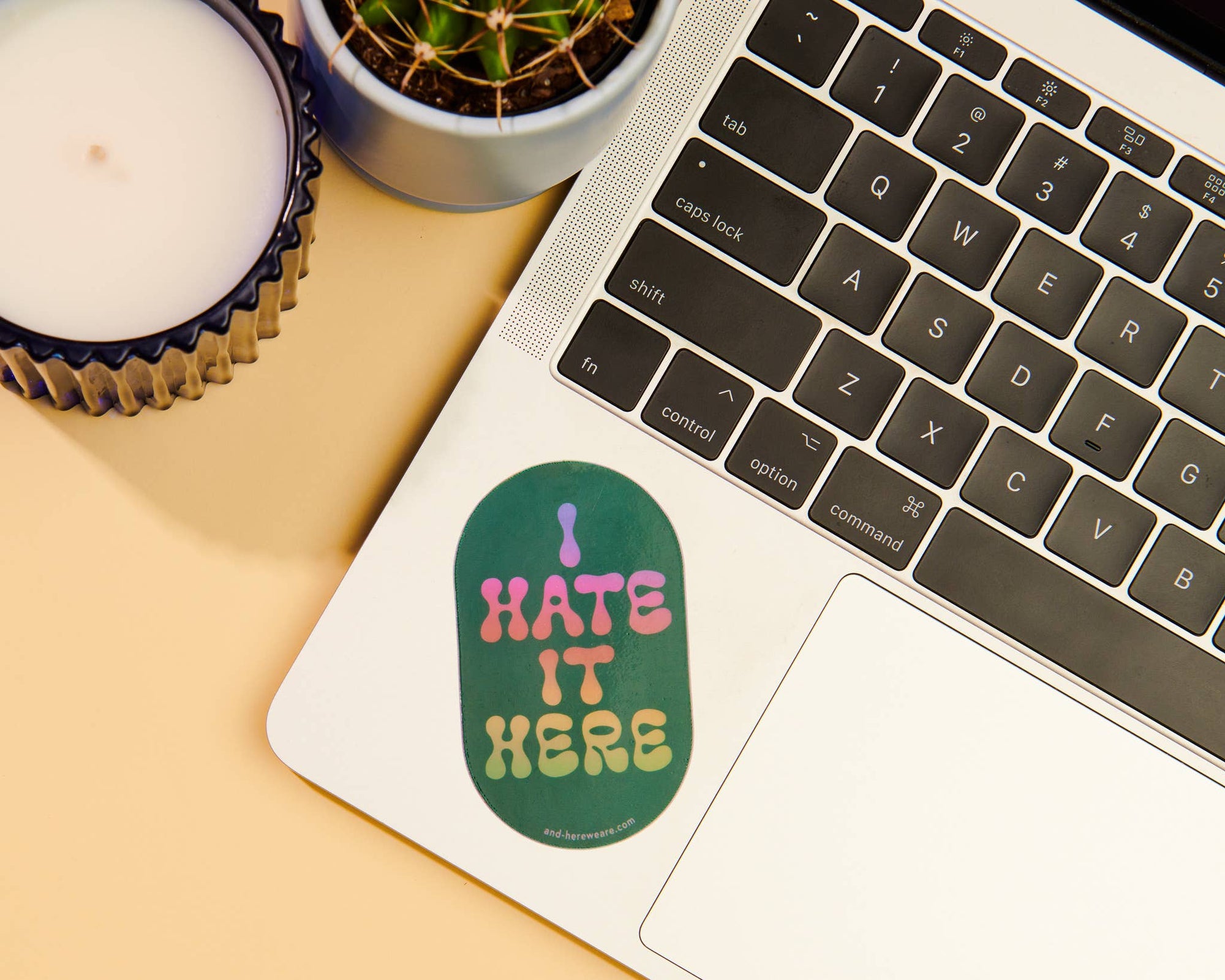 Laptop with a sticker saying 'I Hate It Here' on a desk with a candle and plant.