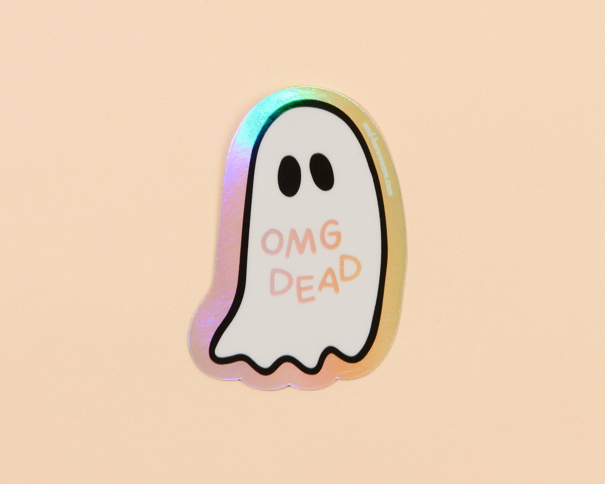 Ghost-shaped emoji with 'OMG DEAD' text on a beige background