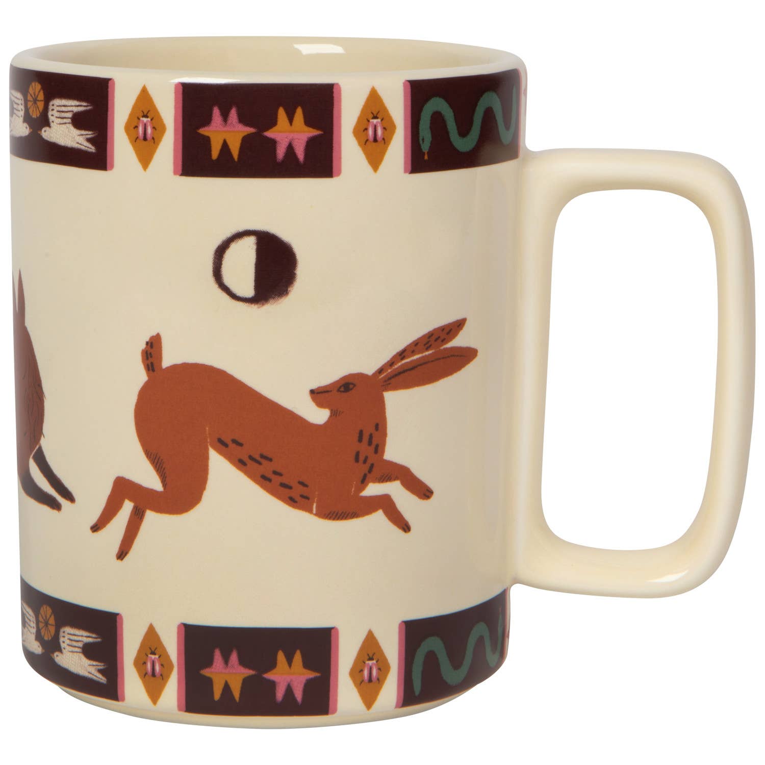 This Folktale mug features a unique rectangular handle and intricate tile pattern, inspired by a whimsical world of wandering foxes, hares, and imagination.
