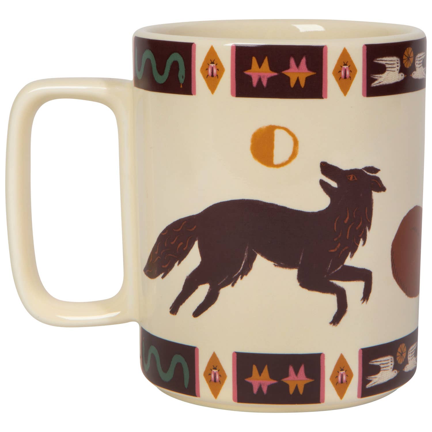 This Folktale mug features a unique rectangular handle and intricate tile pattern, inspired by a whimsical world of wandering foxes, hares, and imagination.