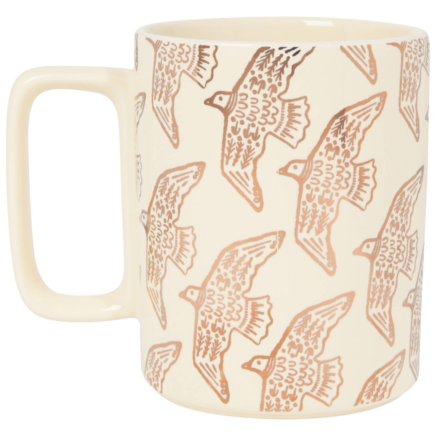 This beautifully crafted stoneware mug features a distinctive rectangular handle and a serene, moonlit design. It captures the quiet enchantment of a nocturnal landscape, with golden birds in graceful flight against a soft cream backdrop. Just the right size to fill your cup with inspiration, it’s the perfect companion for reflective mornings or calming evenings in.