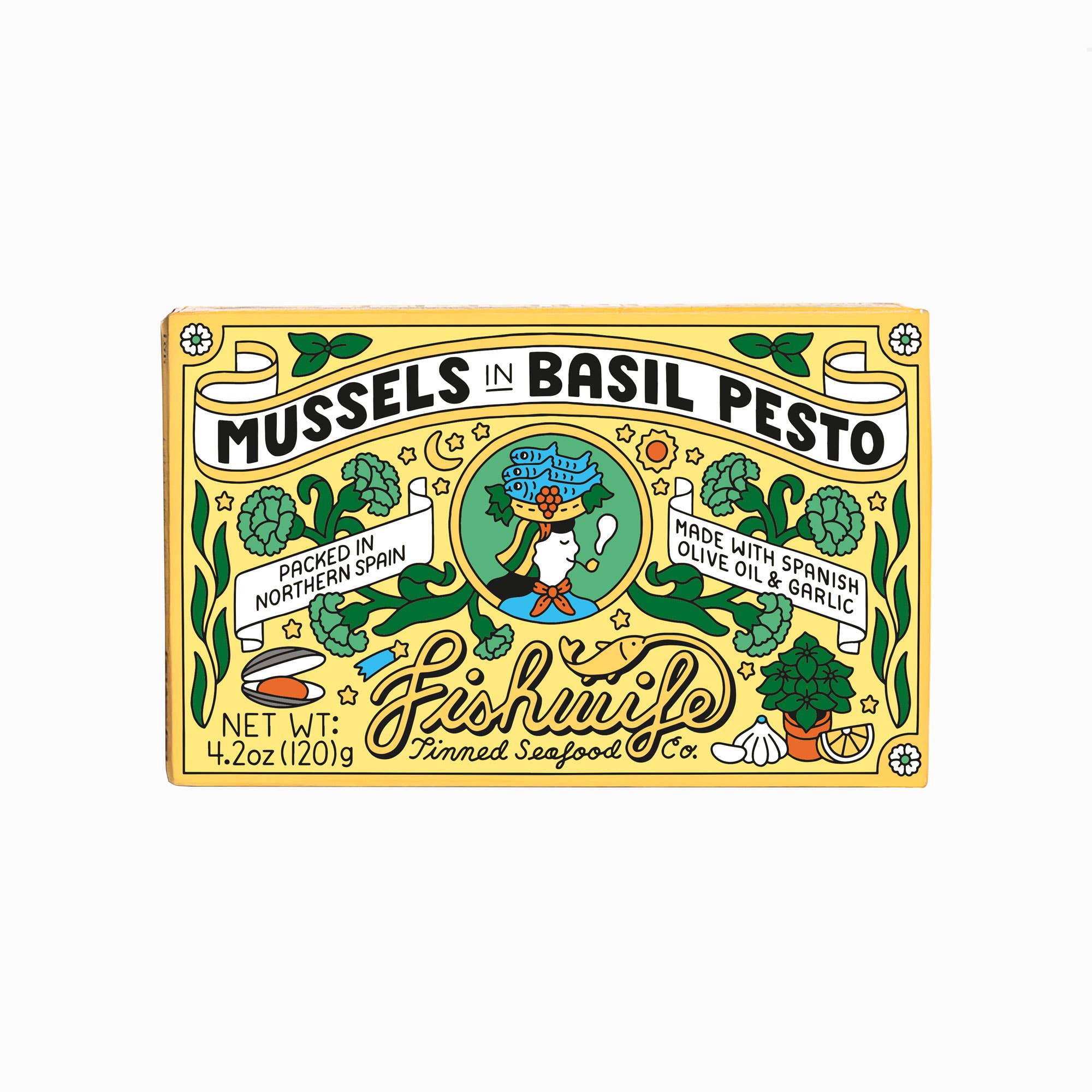 Packaging of mussels in basil pesto with decorative design and text.
